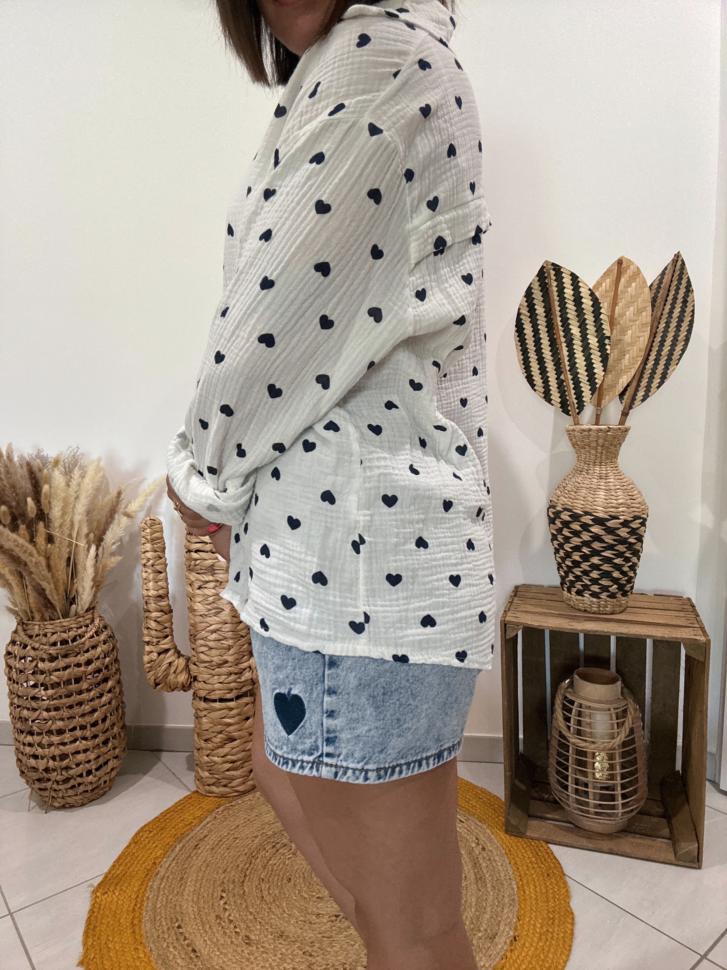 Chemise blanche en gaz de coton imprimé coeur bleu 💙