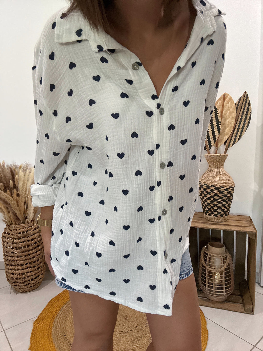 Chemise blanche en gaz de coton imprimé coeur bleu 💙