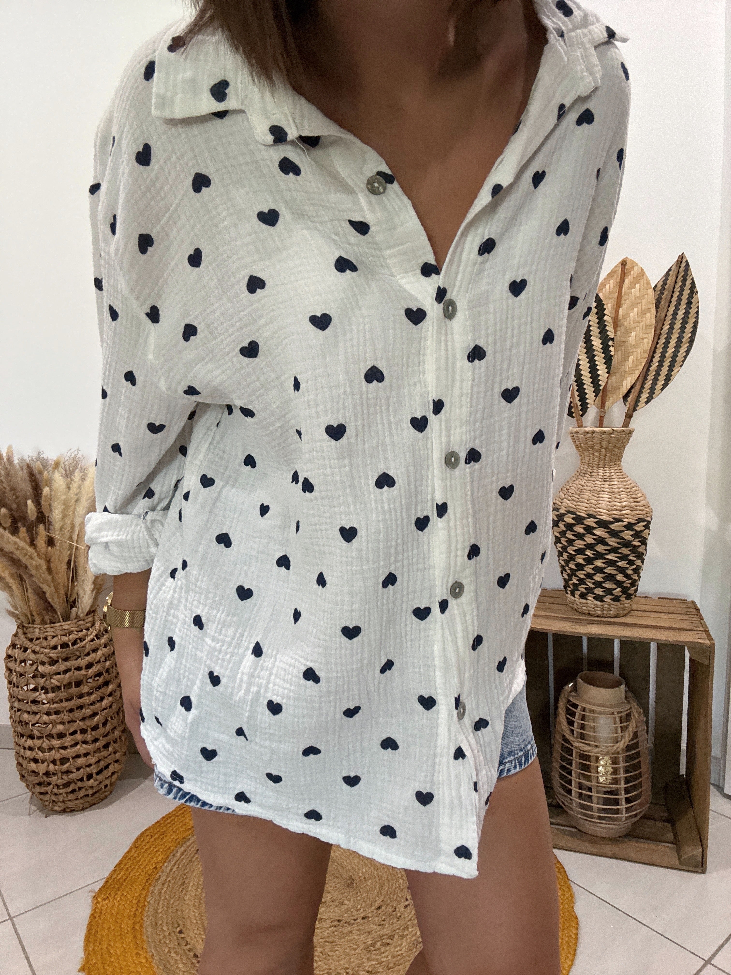 Chemise blanche en gaz de coton imprimé coeur bleu 💙