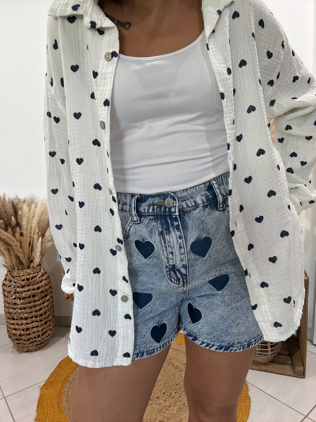Chemise blanche en gaz de coton imprimé coeur bleu 💙