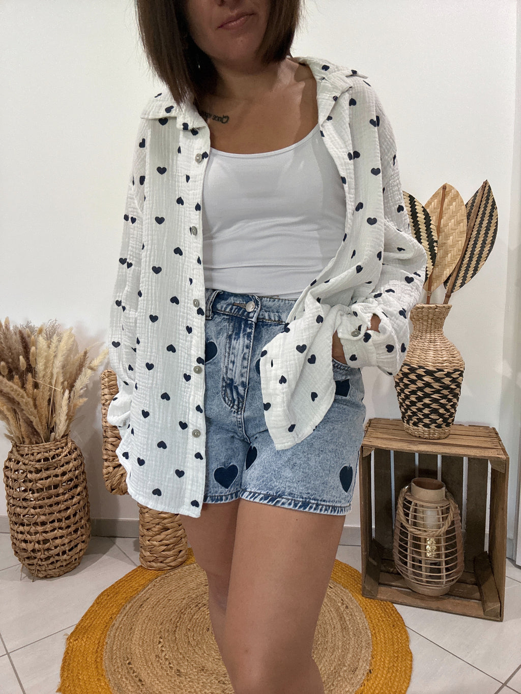 Chemise blanche en gaz de coton imprimé coeur bleu 💙