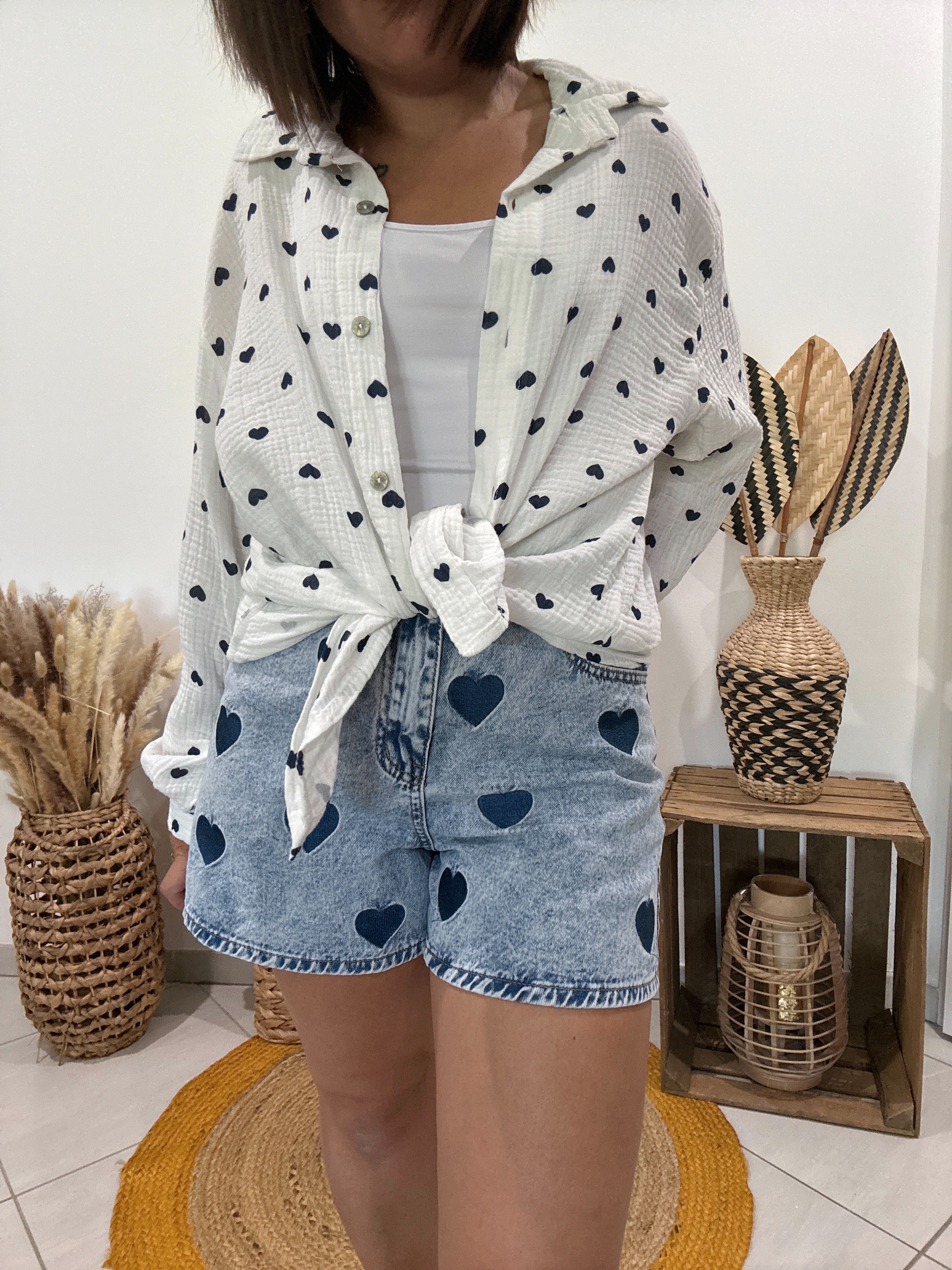 Chemise blanche en gaz de coton imprimé coeur bleu 💙