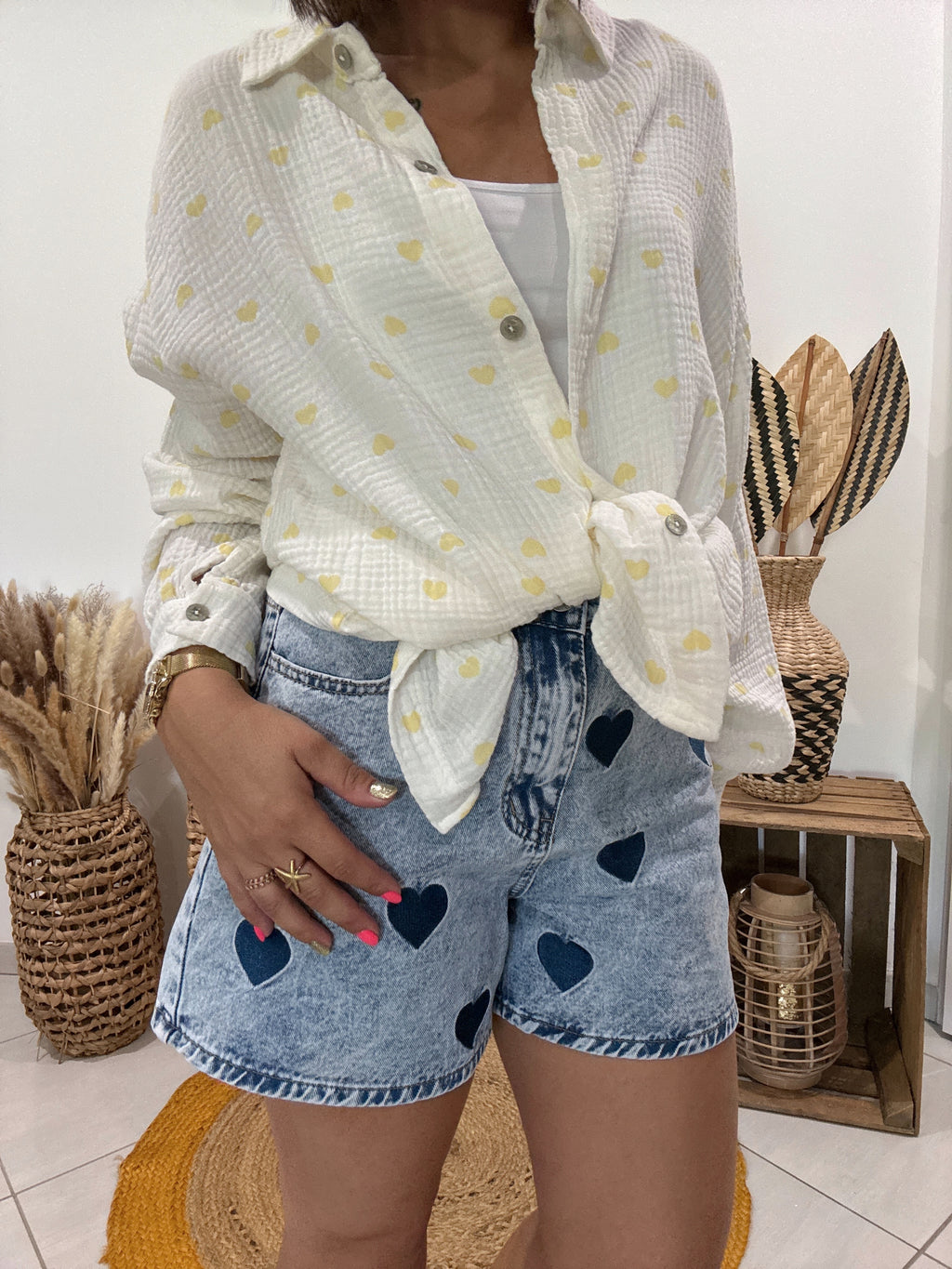 Chemise blanche en gaz de coton imprimé coeur jaune 💛