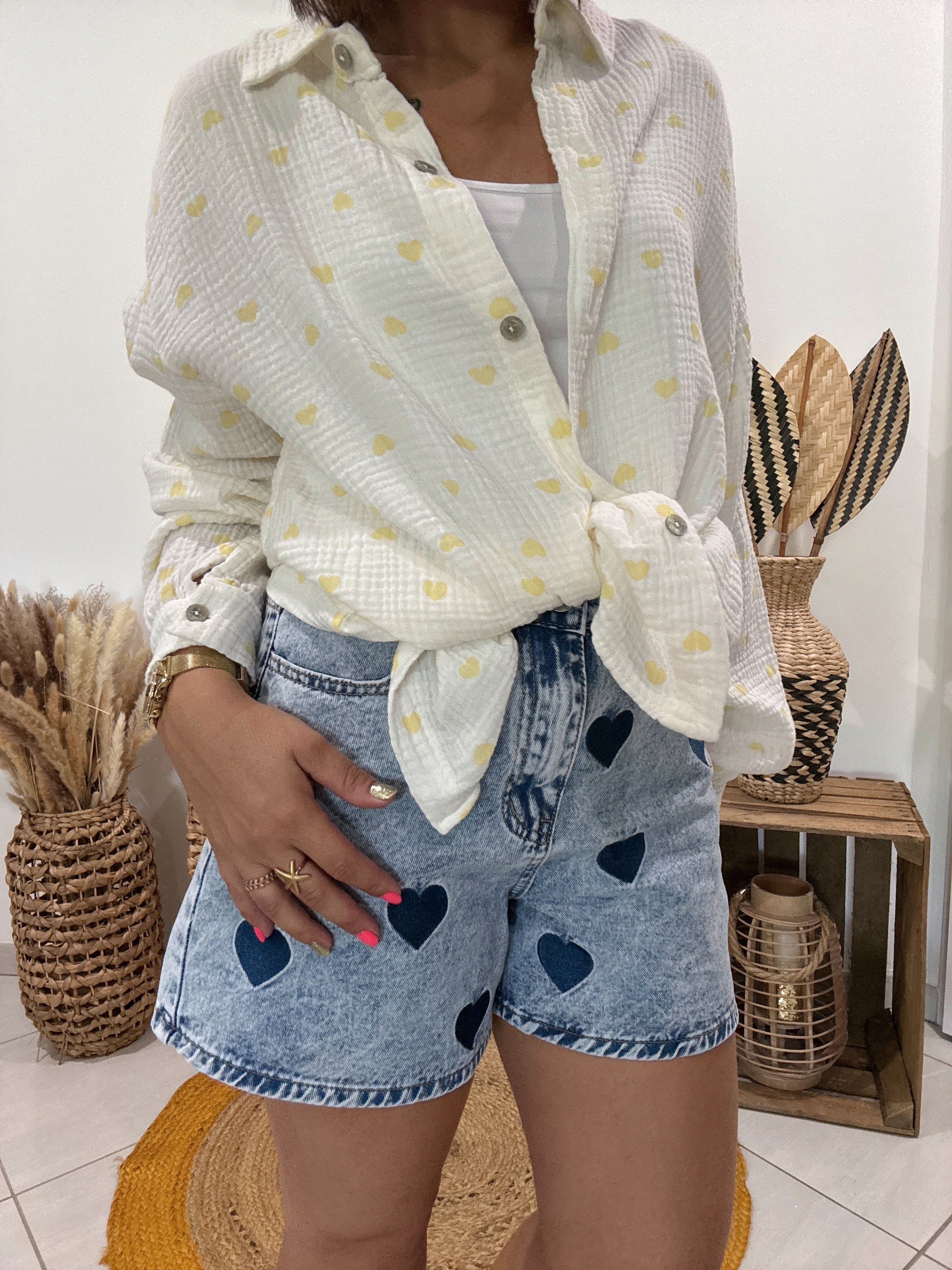 Chemise blanche en gaz de coton imprimé coeur jaune 💛