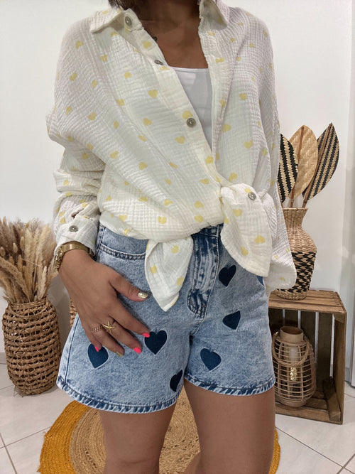 Chemise blanche en gaz de coton imprimé coeur jaune 💛