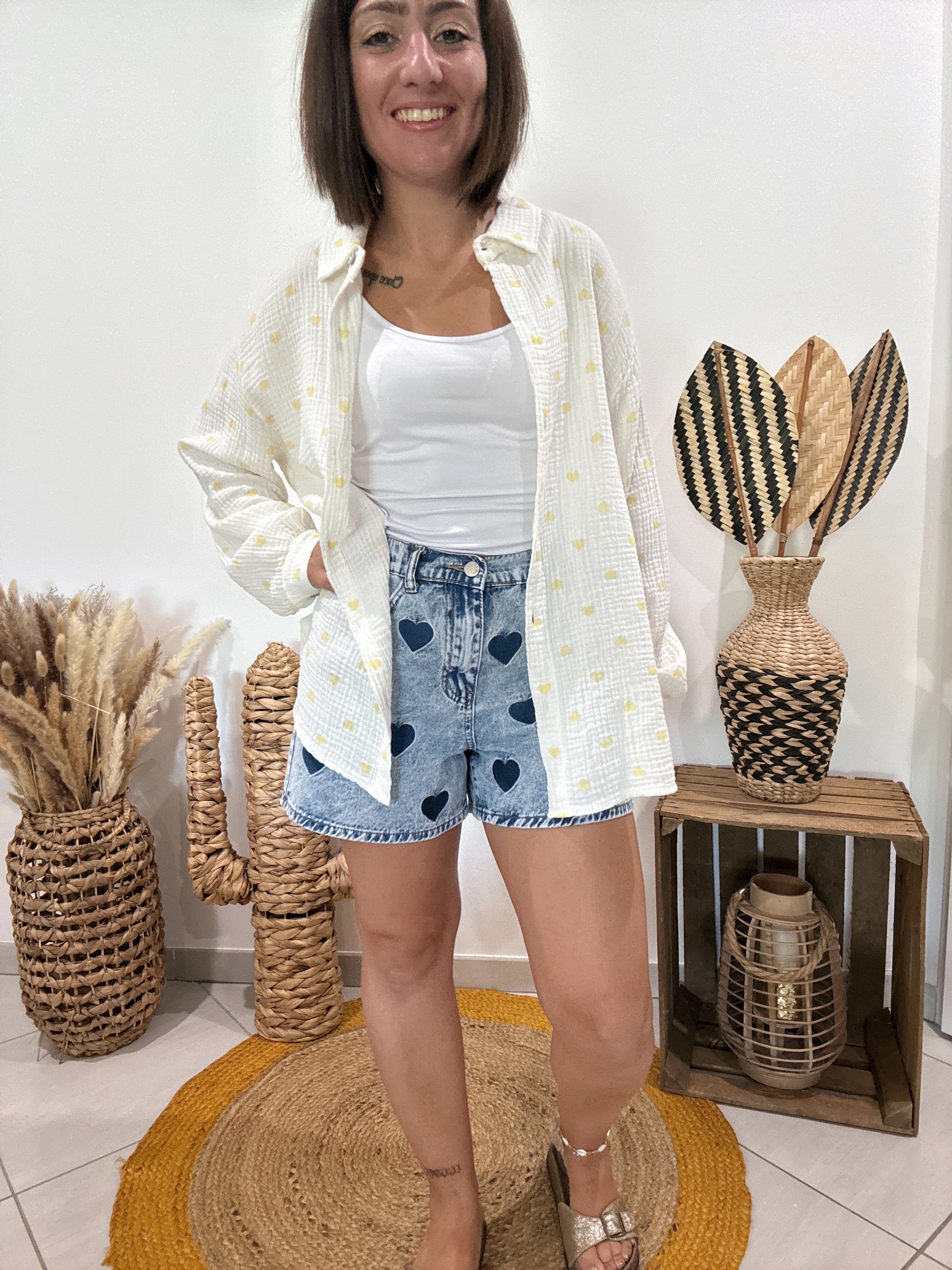 Chemise blanche en gaz de coton imprimé coeur jaune 💛