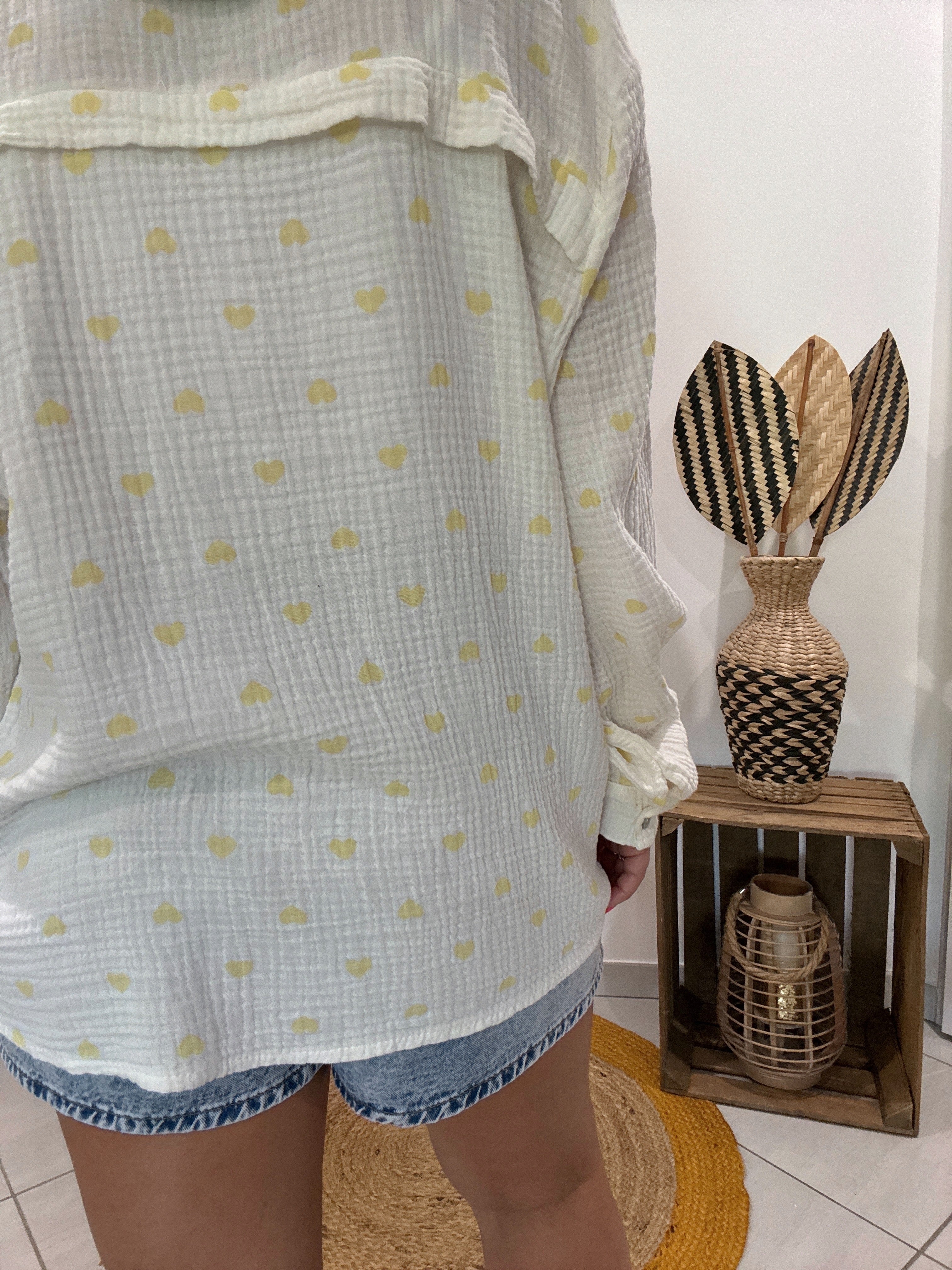 Chemise blanche en gaz de coton imprimé coeur jaune 💛