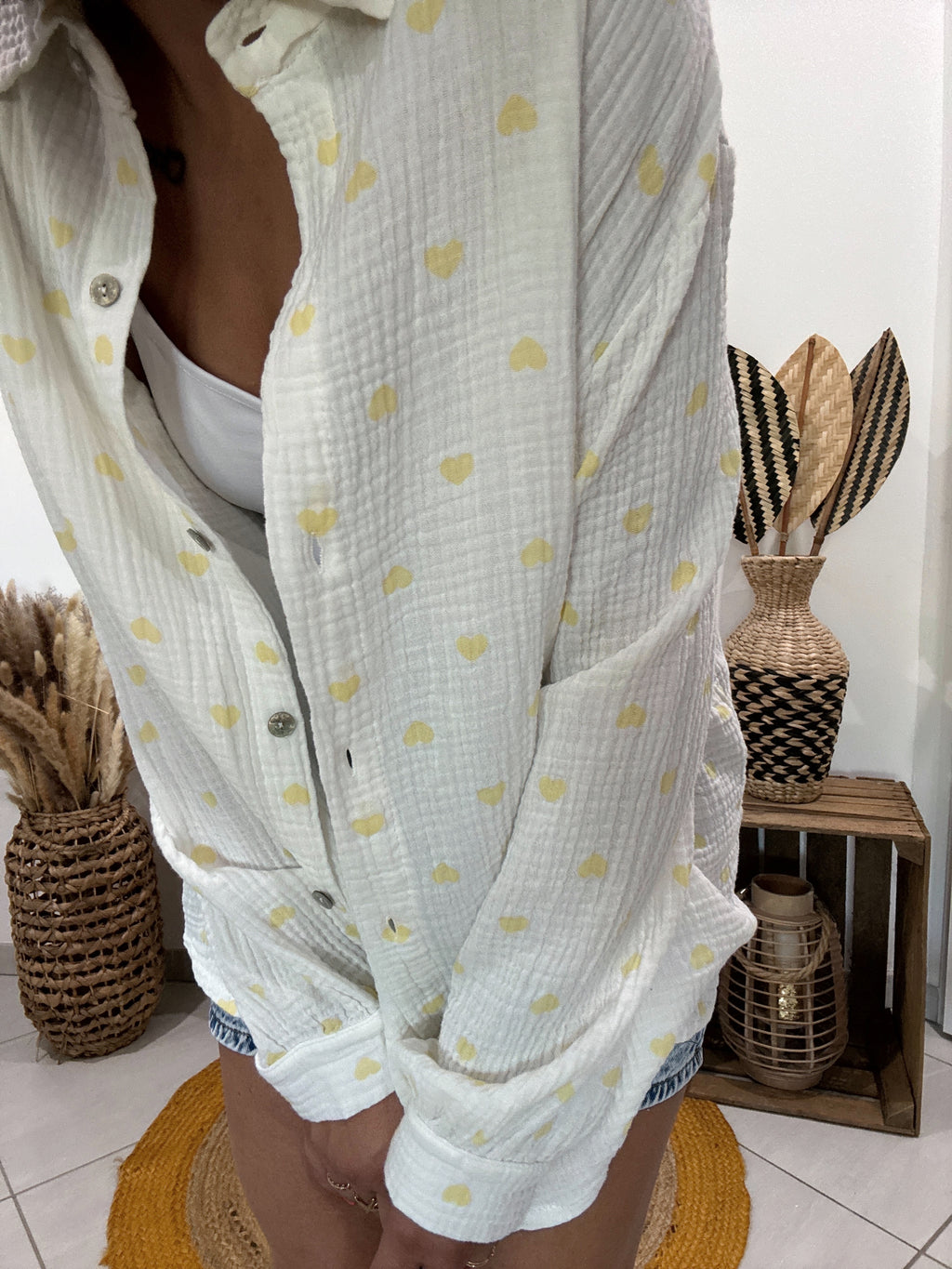 Chemise blanche en gaz de coton imprimé coeur jaune 💛