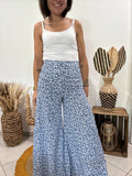 Pantalon jambière large bleu imprimé fleurs blanches - 36 ♻️