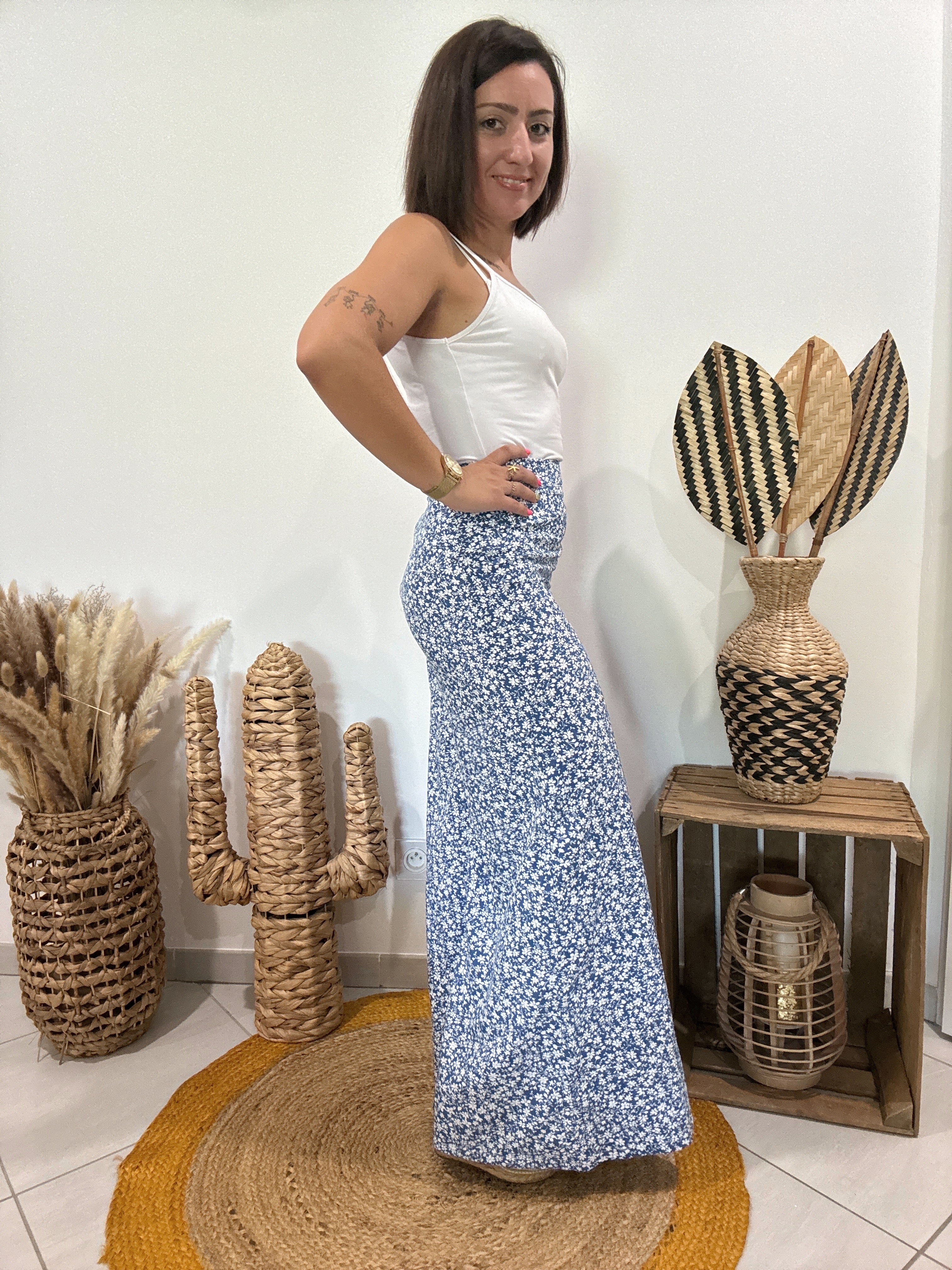 Pantalon jambière large bleu imprimé fleurs blanches - 36 ♻️