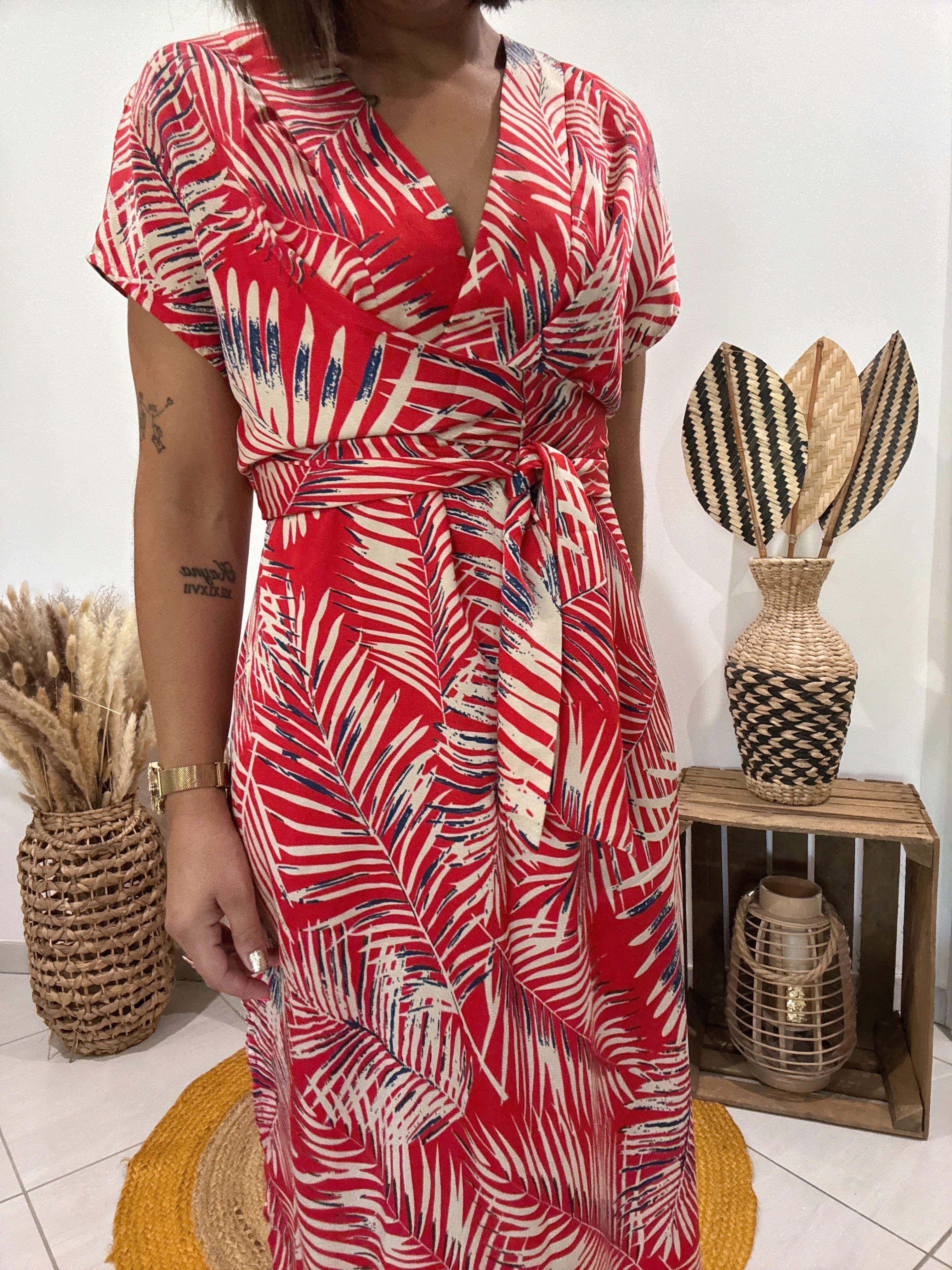 Robe longue forme kimono imprimé feuillage rouge Cupshe - TU ♻️