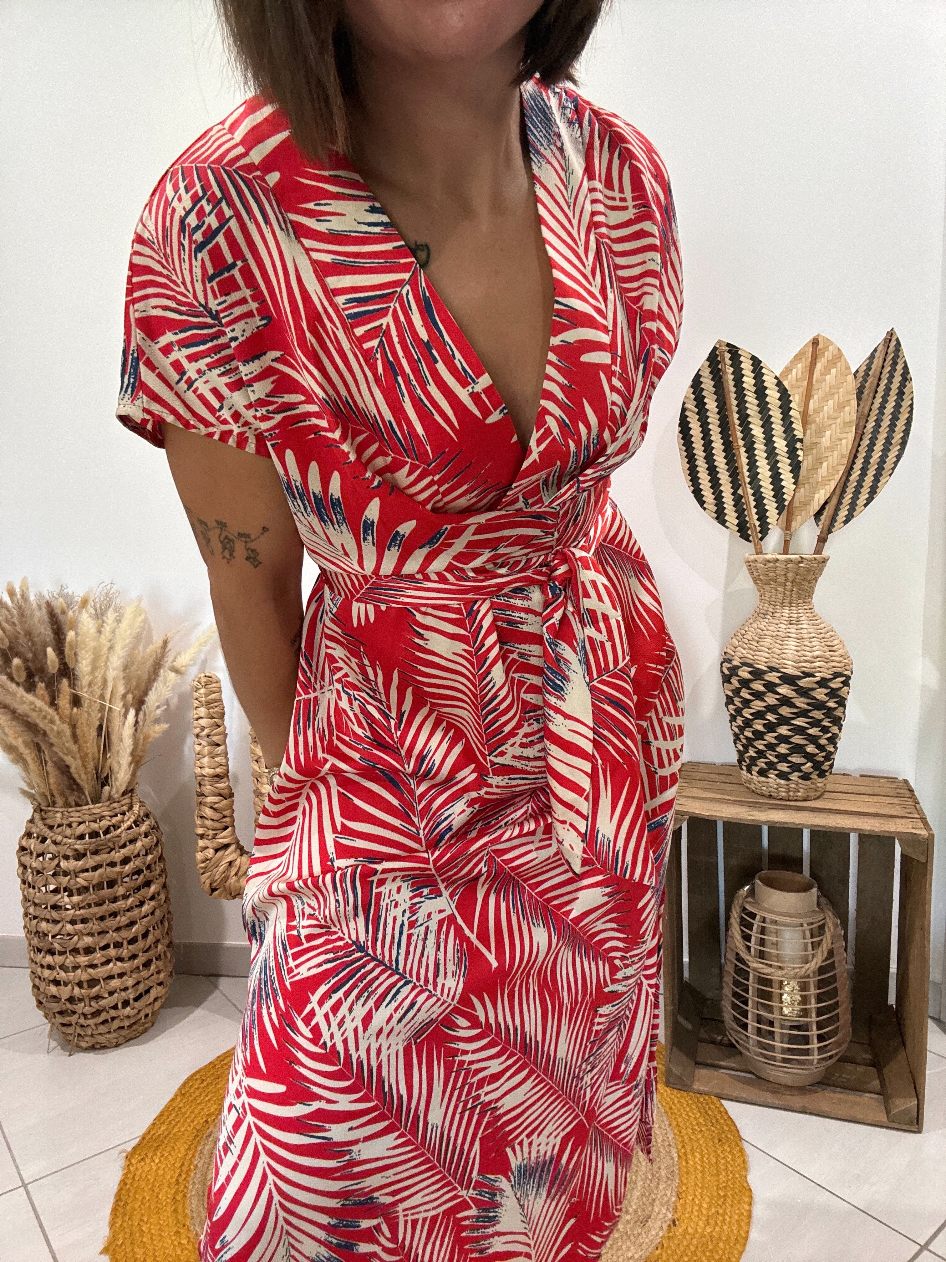 Robe longue forme kimono imprimé feuillage rouge Cupshe - TU ♻️