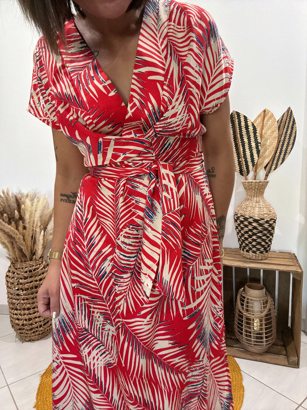 Robe longue forme kimono imprimé feuillage rouge Cupshe - TU ♻️