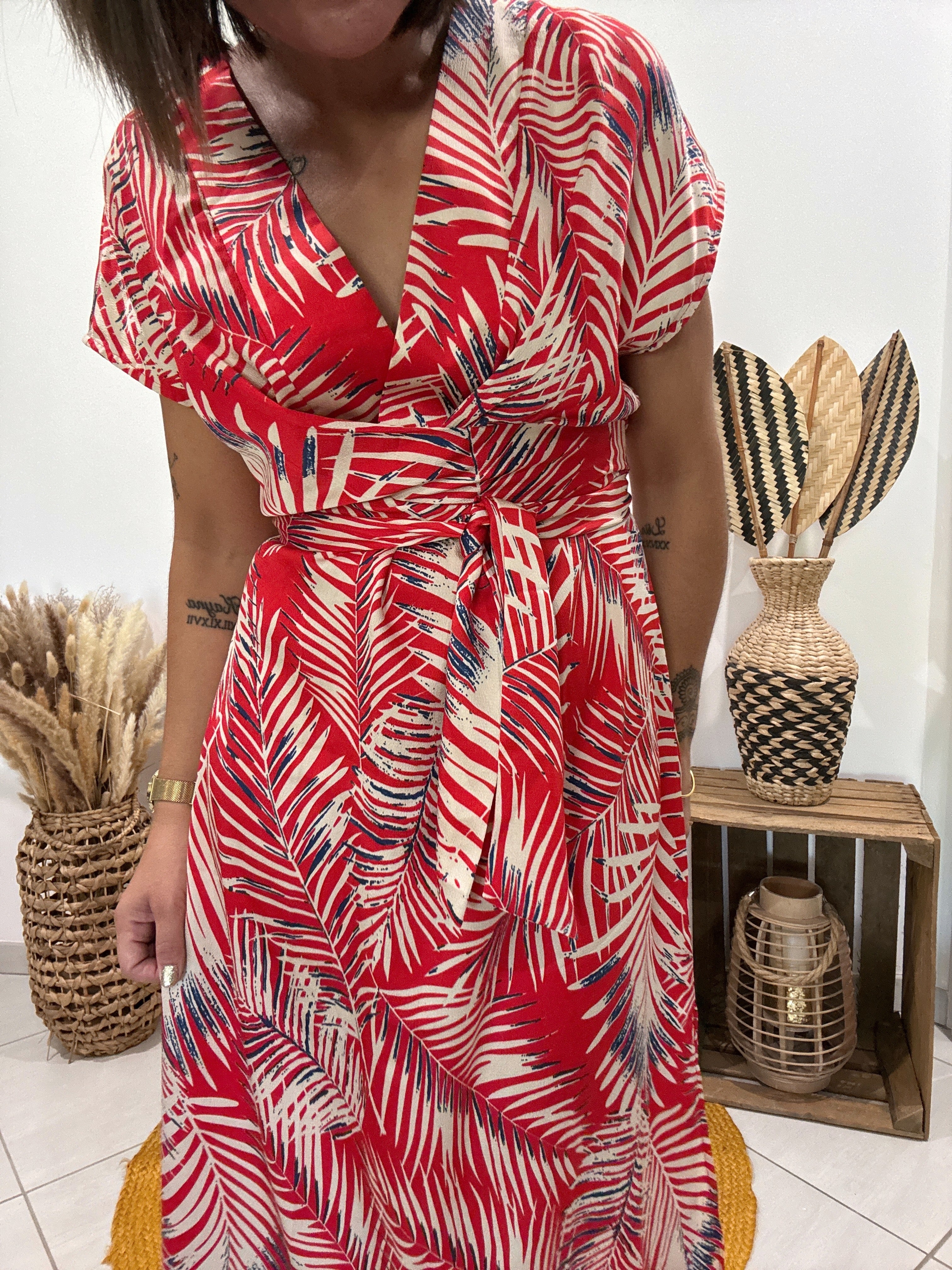 Robe longue forme kimono imprimé feuillage rouge Cupshe - TU ♻️