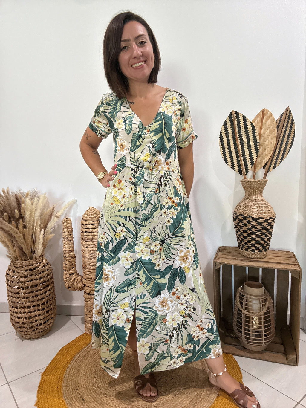 Robe verte longue satinée imprimé floral Cherry Paris - S ♻️