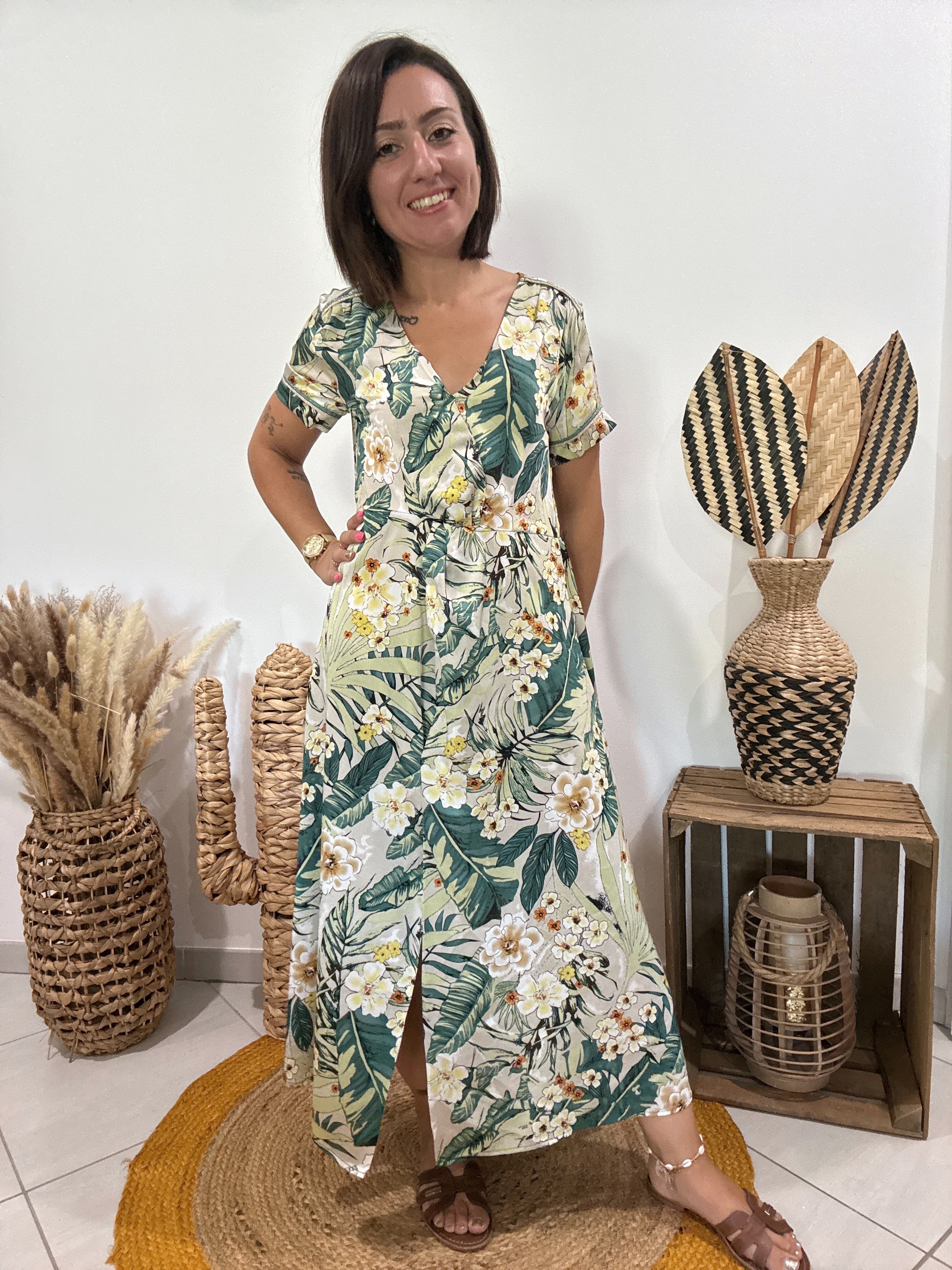Robe verte longue satinée imprimé floral Cherry Paris - S ♻️