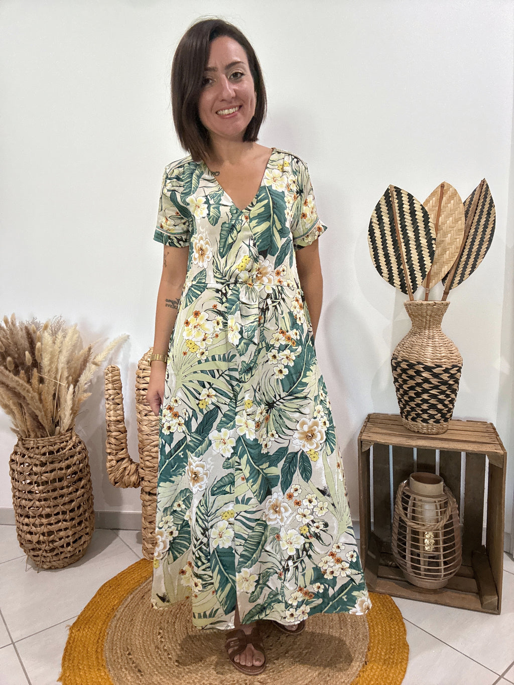 Robe verte longue satinée imprimé floral Cherry Paris - S ♻️