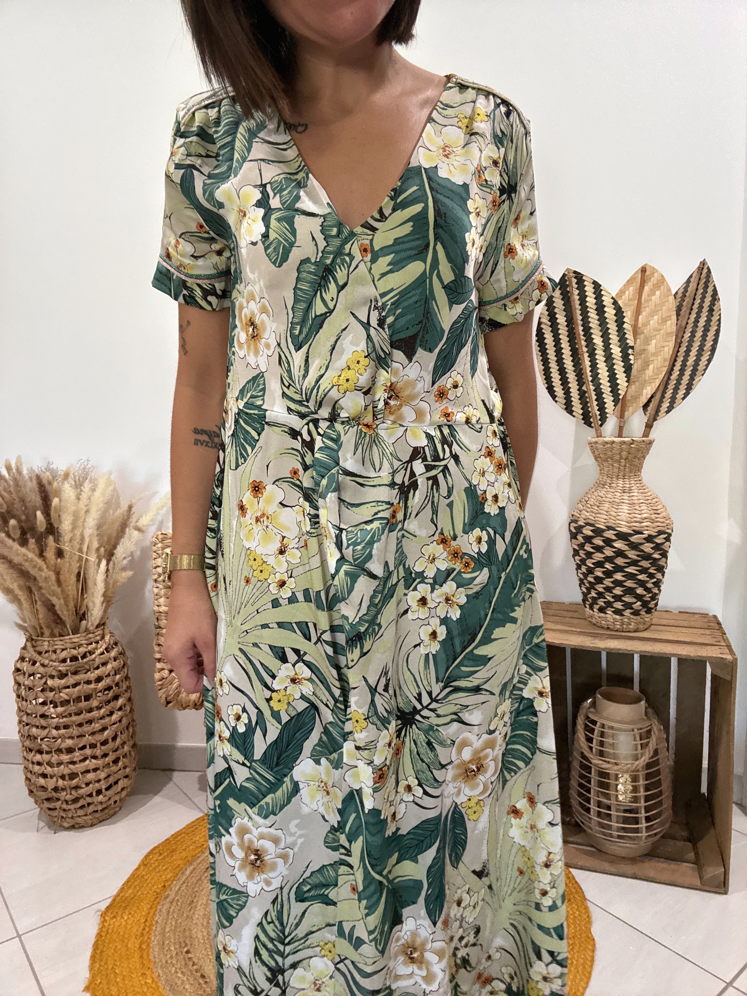 Robe verte longue satinée imprimé floral Cherry Paris - S ♻️