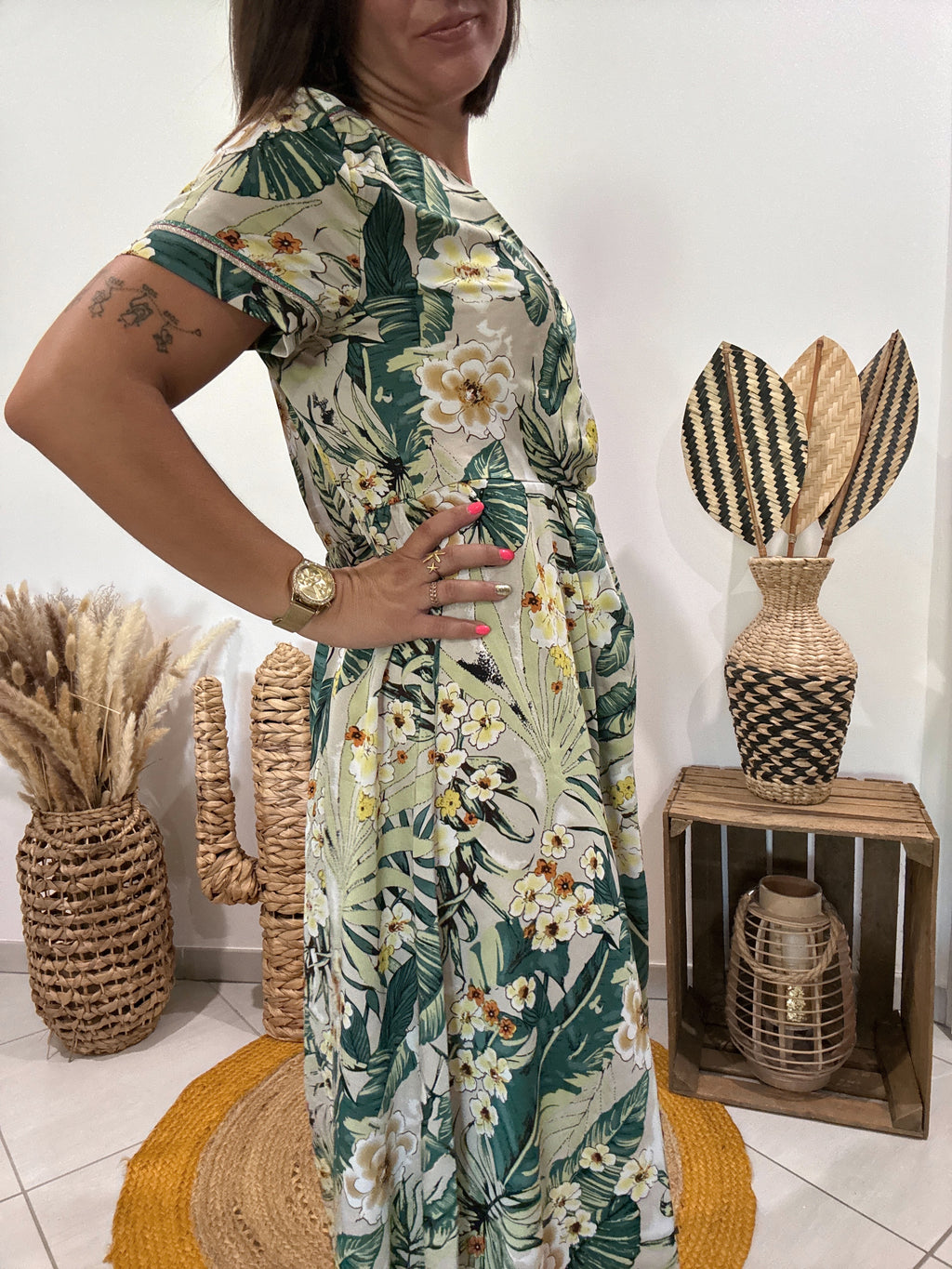 Robe verte longue satinée imprimé floral Cherry Paris - S ♻️