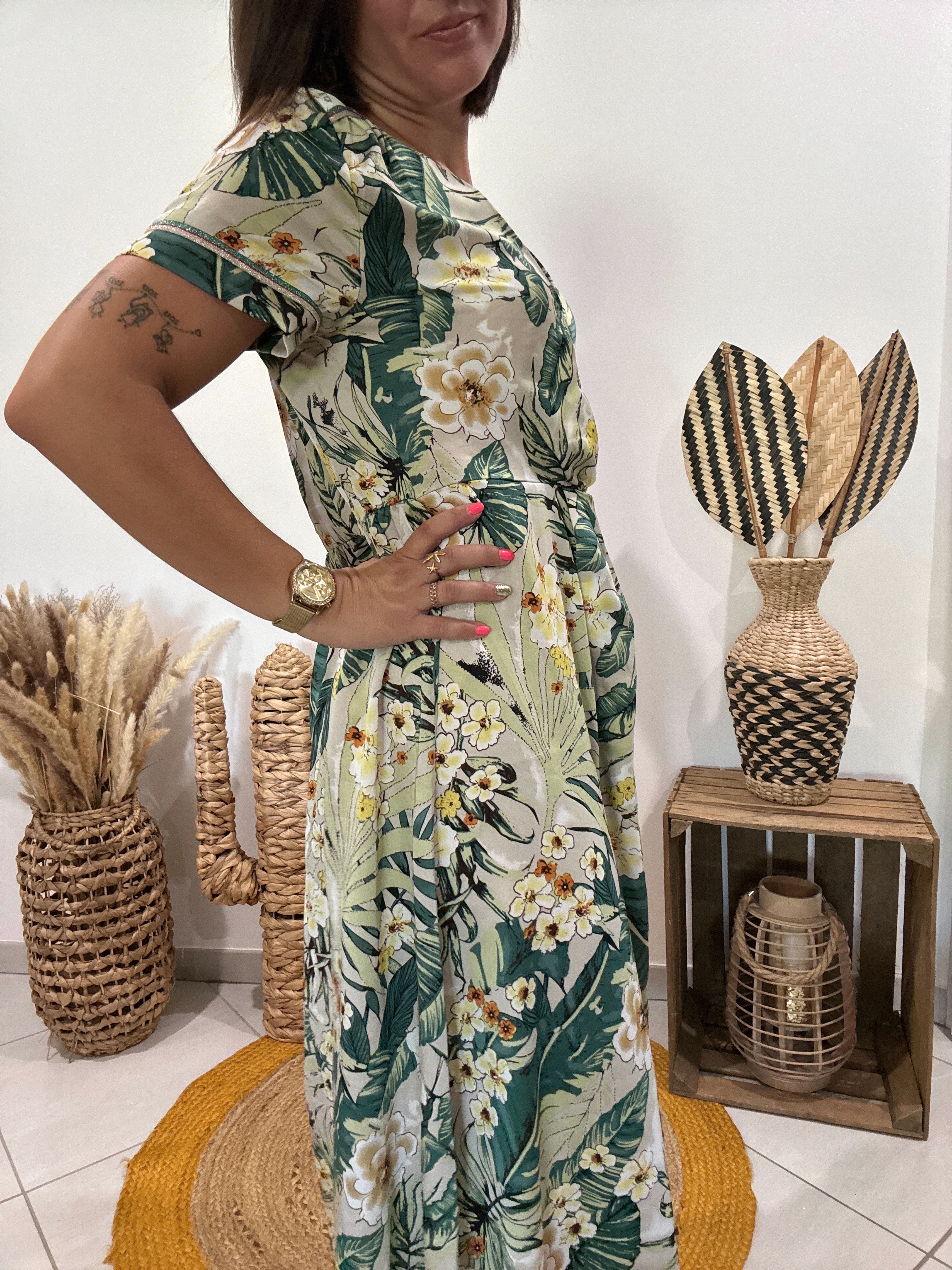 Robe verte longue satinée imprimé floral Cherry Paris - S ♻️