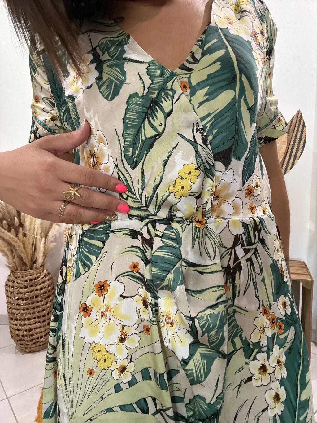 Robe verte longue satinée imprimé floral Cherry Paris - S ♻️
