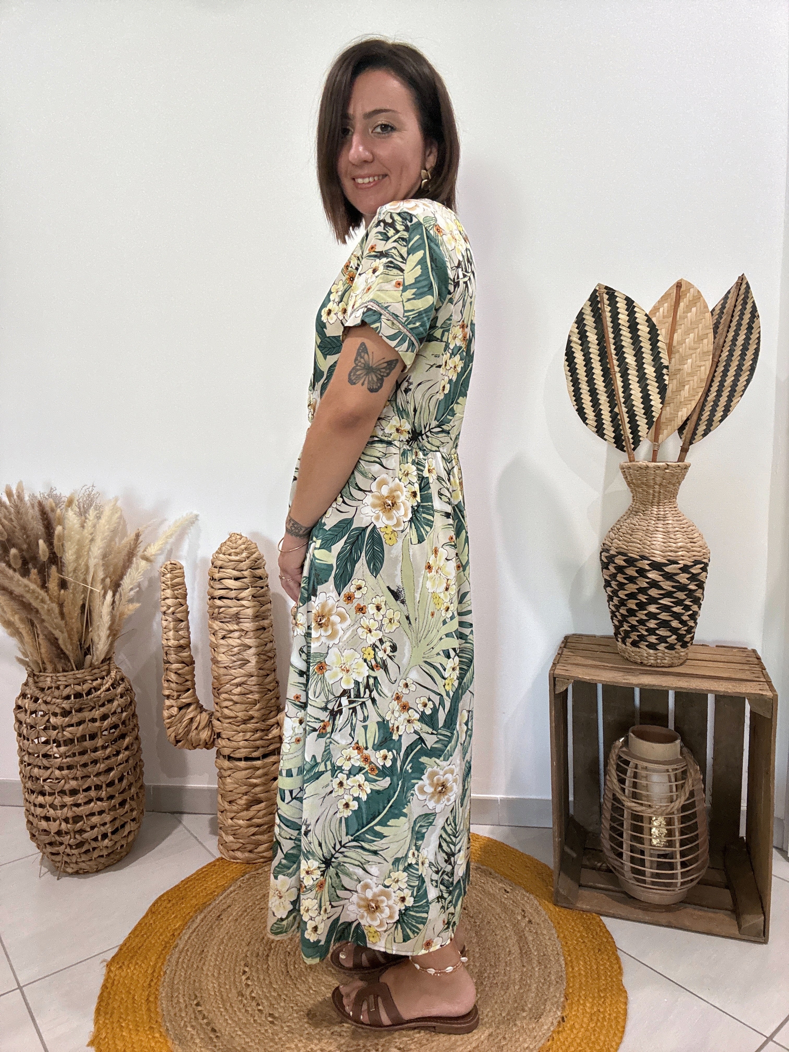 Robe verte longue satinée imprimé floral Cherry Paris - S ♻️
