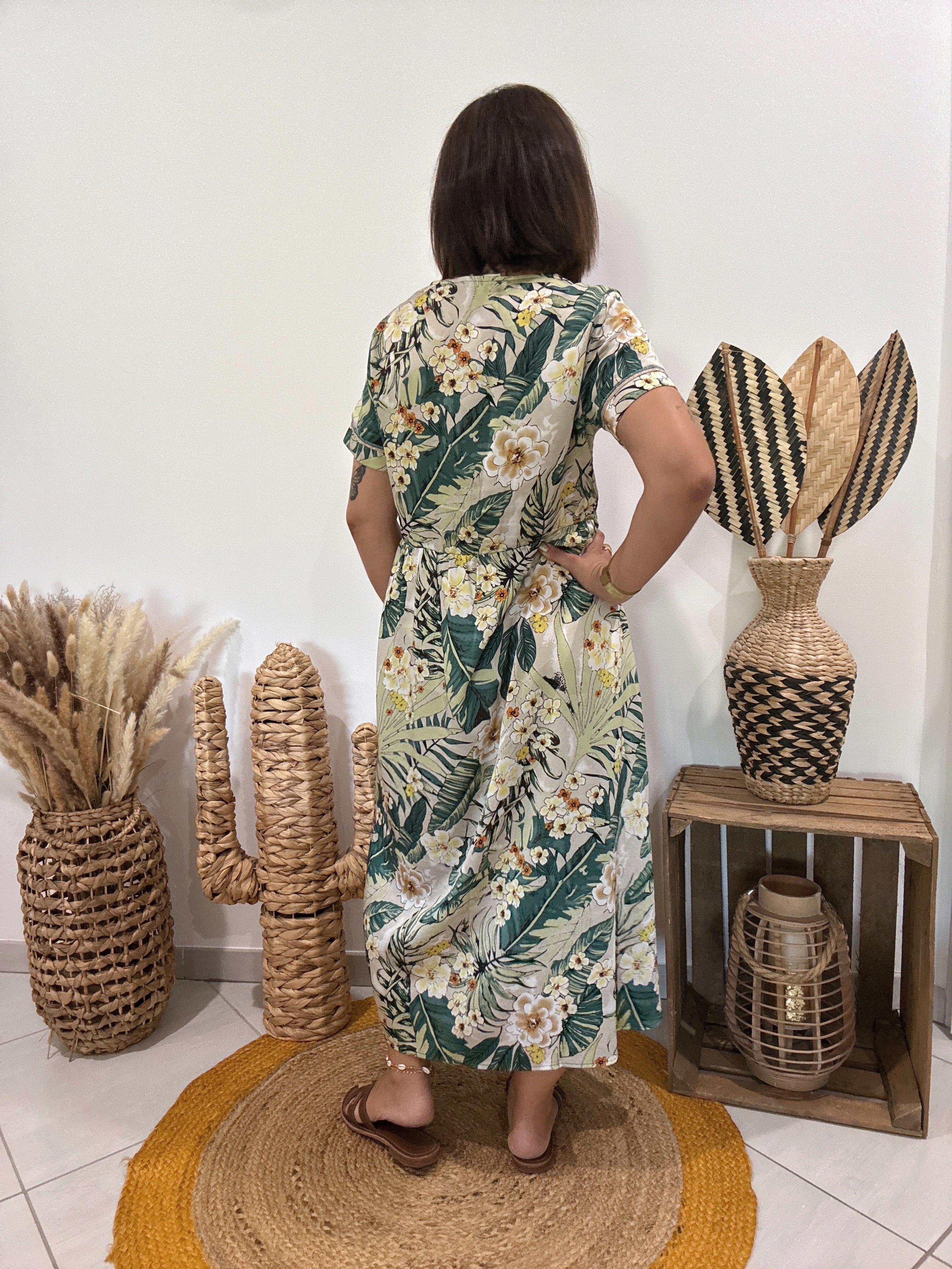 Robe verte longue satinée imprimé floral Cherry Paris - S ♻️