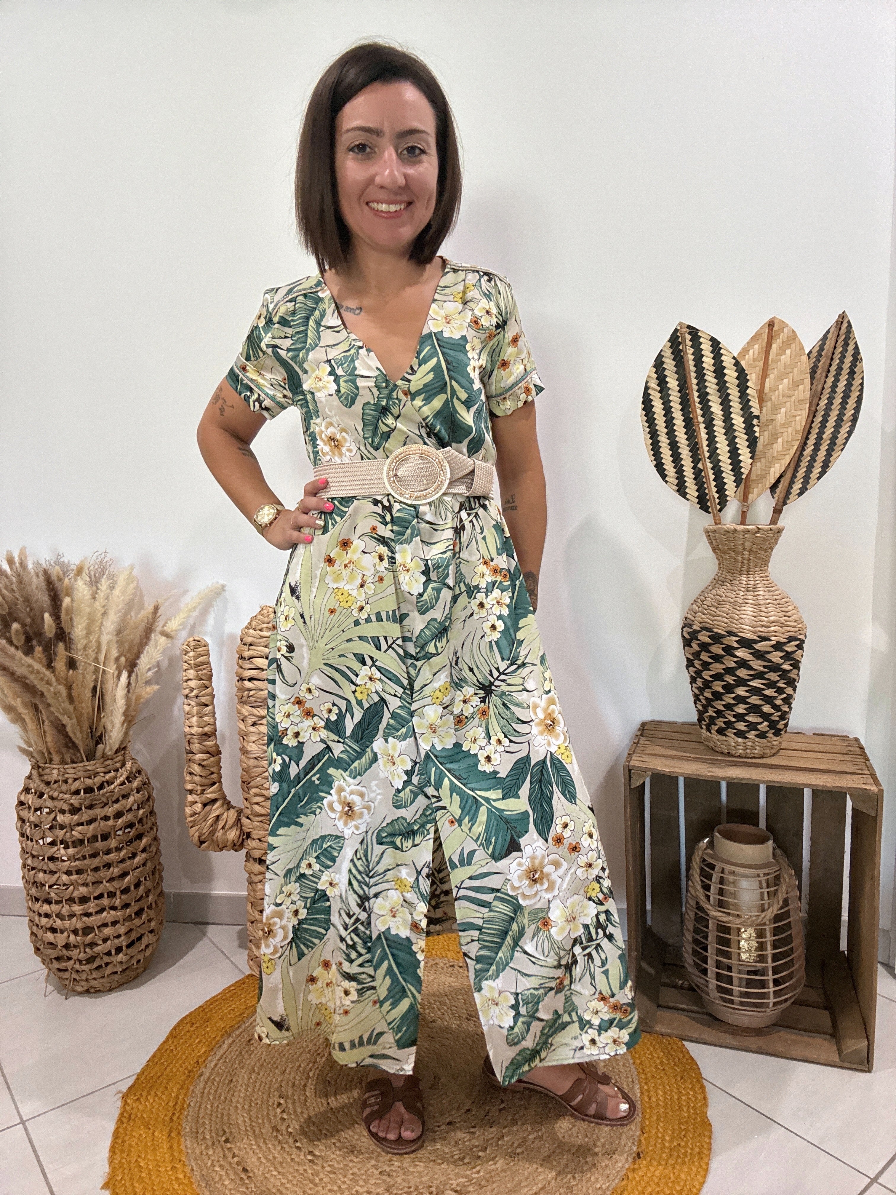 Robe verte longue satinée imprimé floral Cherry Paris - S ♻️
