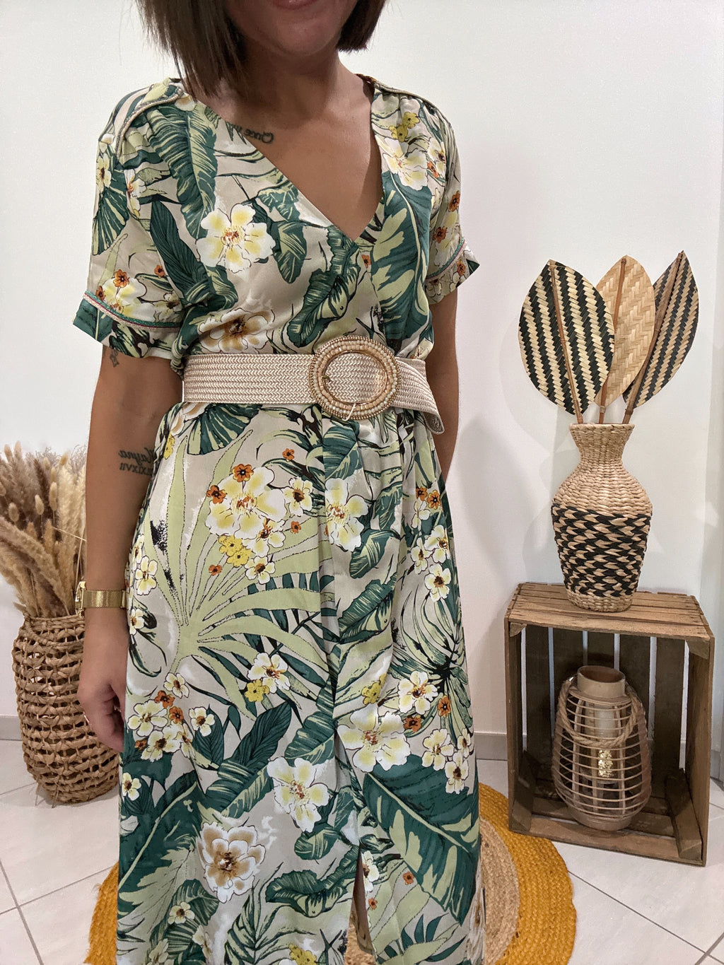 Robe verte longue satinée imprimé floral Cherry Paris - S ♻️
