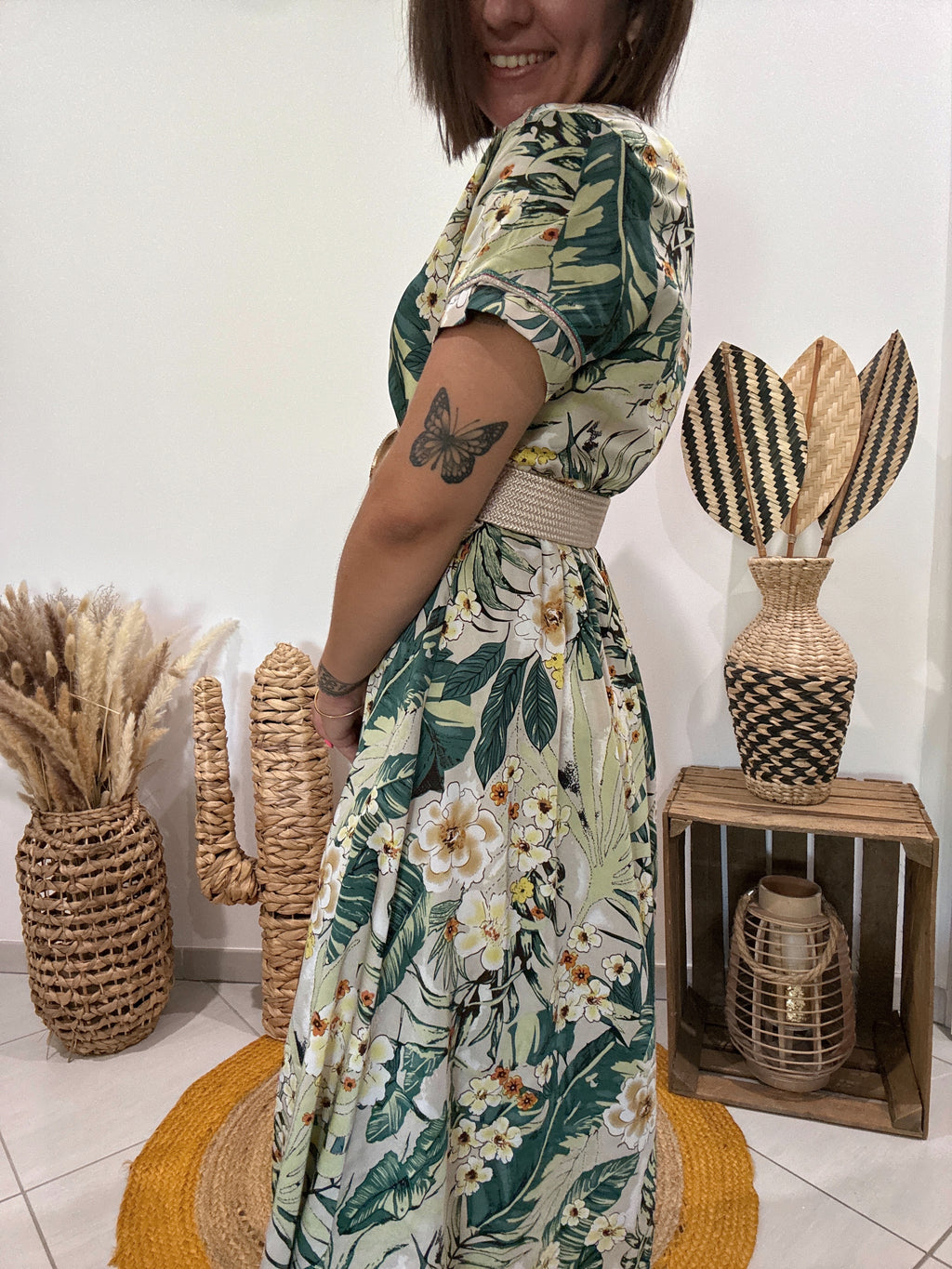 Robe verte longue satinée imprimé floral Cherry Paris - S ♻️