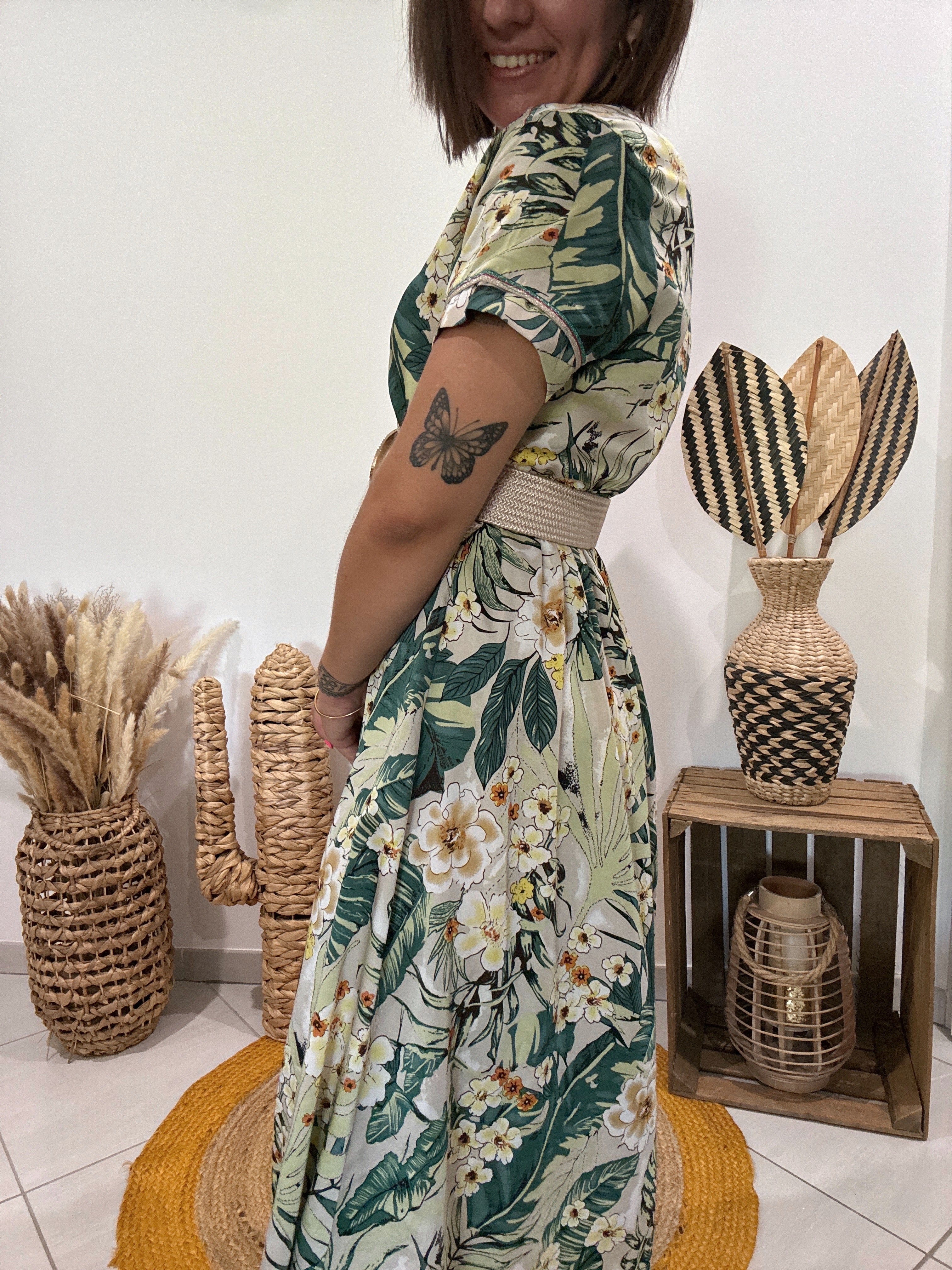 Robe verte longue satinée imprimé floral Cherry Paris - S ♻️