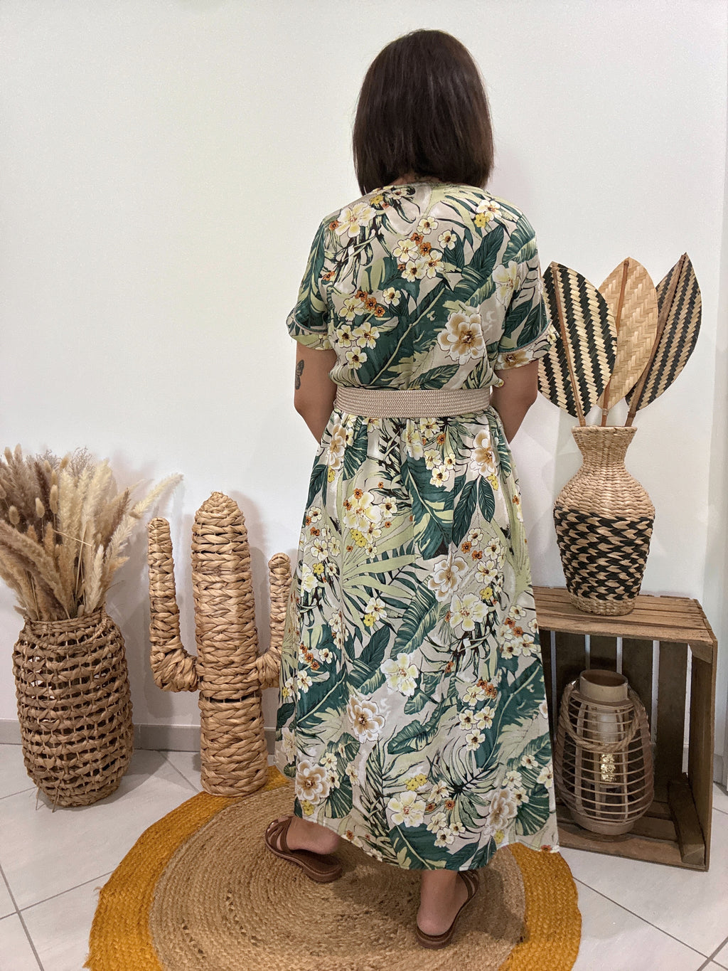 Robe verte longue satinée imprimé floral Cherry Paris - S ♻️