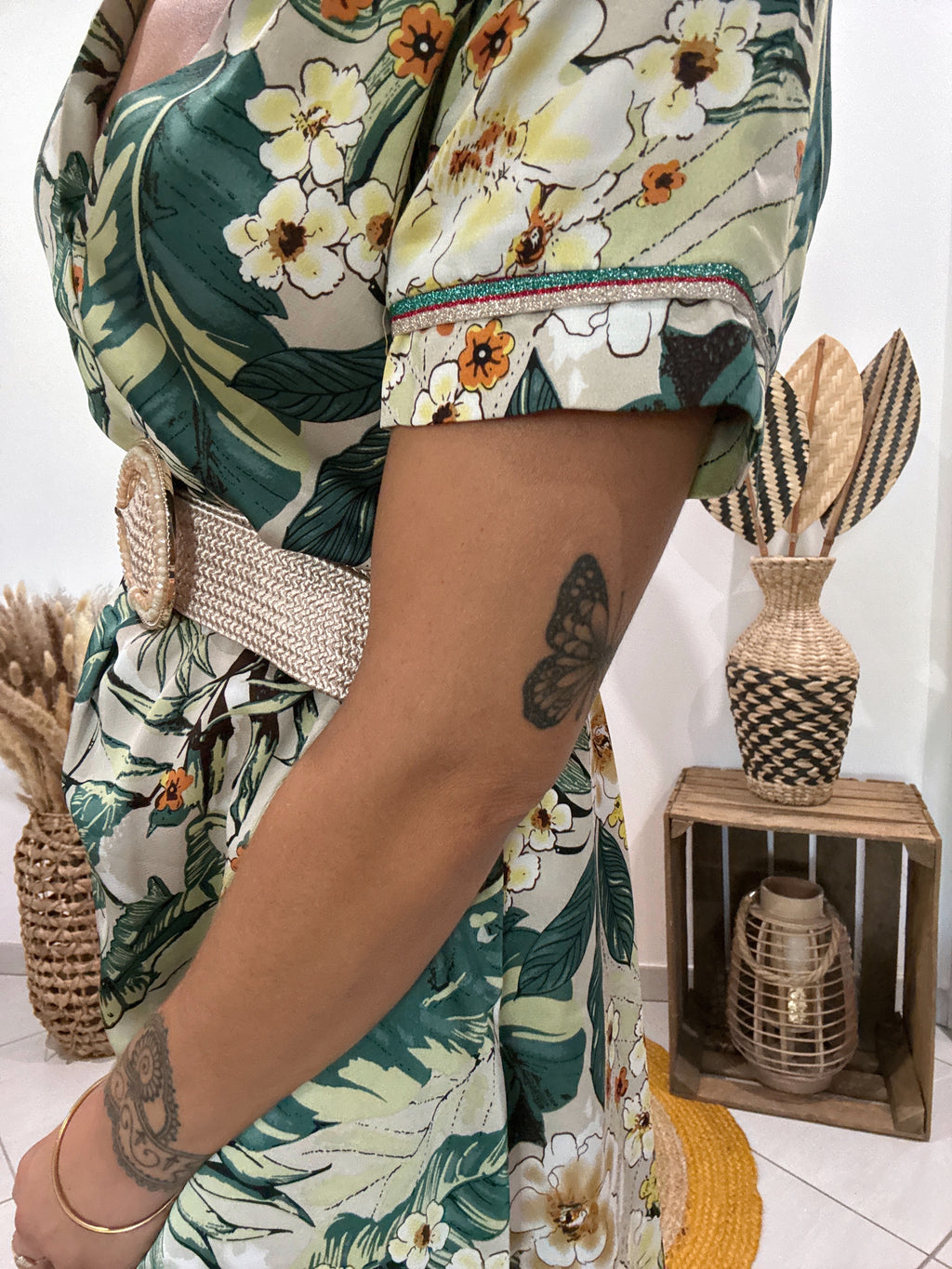 Robe verte longue satinée imprimé floral Cherry Paris - S ♻️