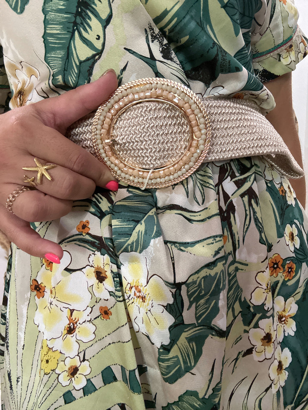 Ceinture élastique à grande boucle avec perles beige