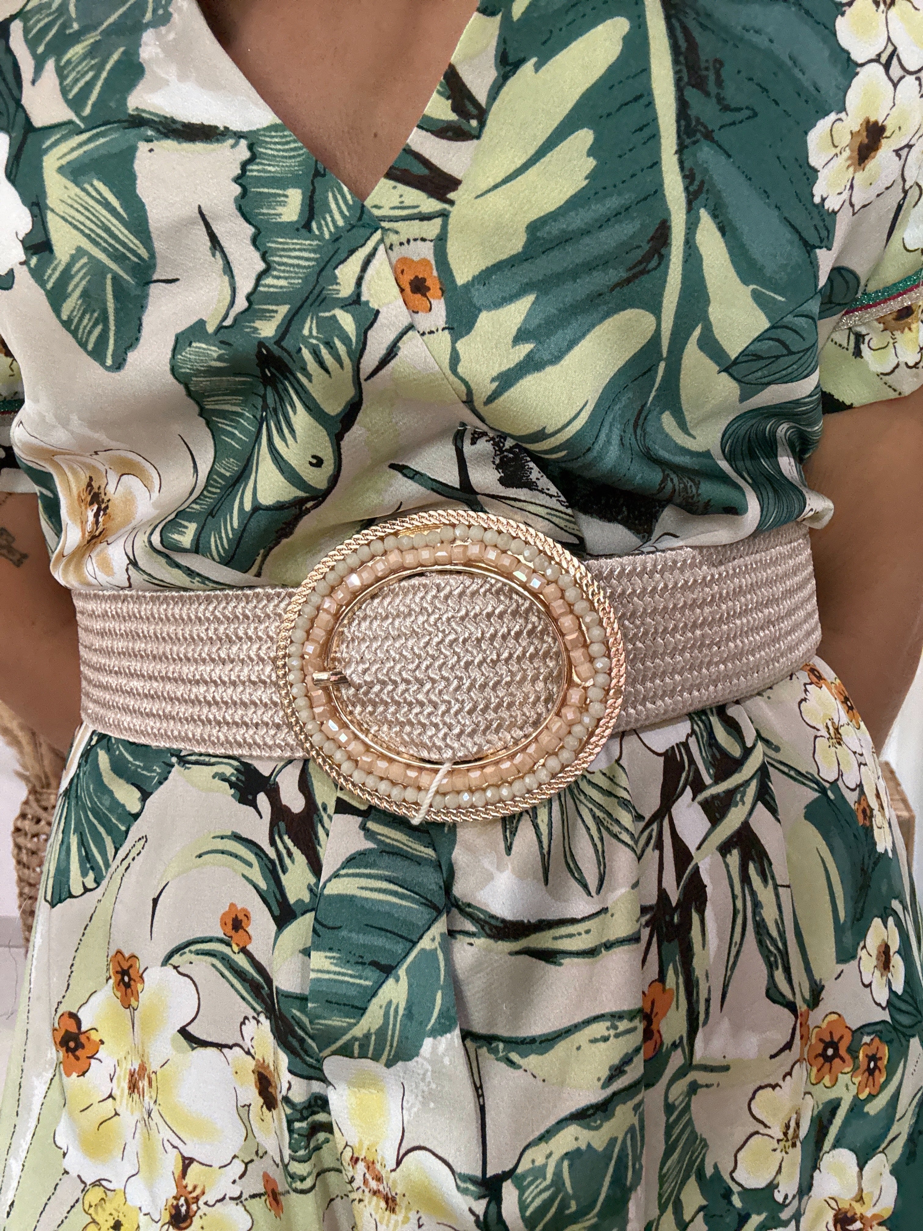 Ceinture élastique à grande boucle avec perles beige