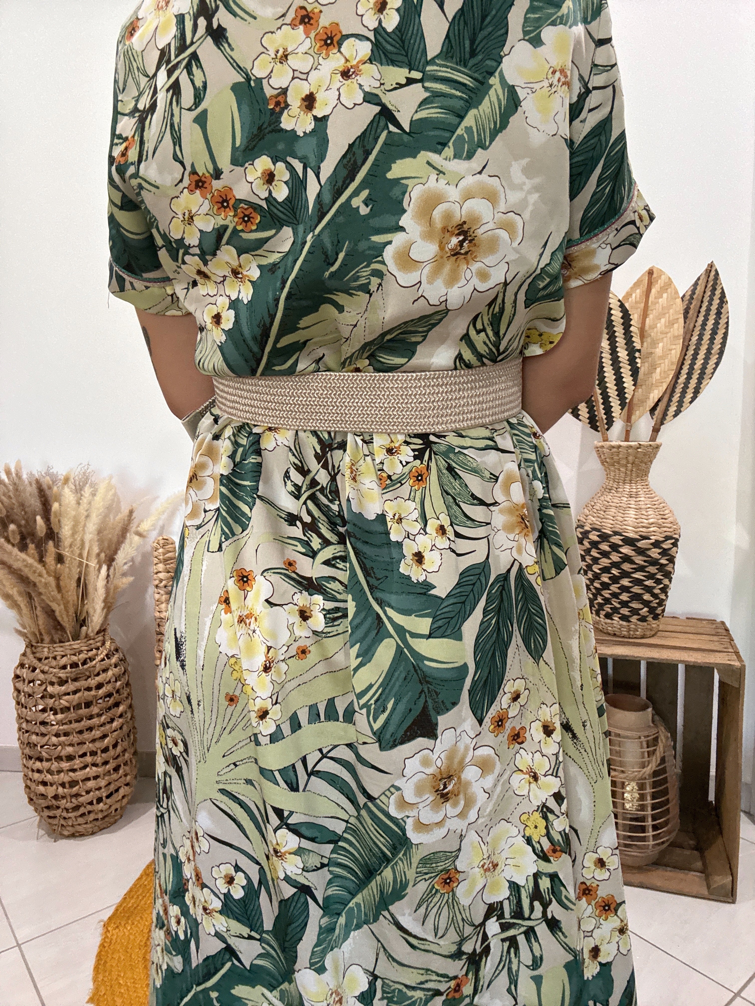 Robe verte longue satinée imprimé floral Cherry Paris - S ♻️