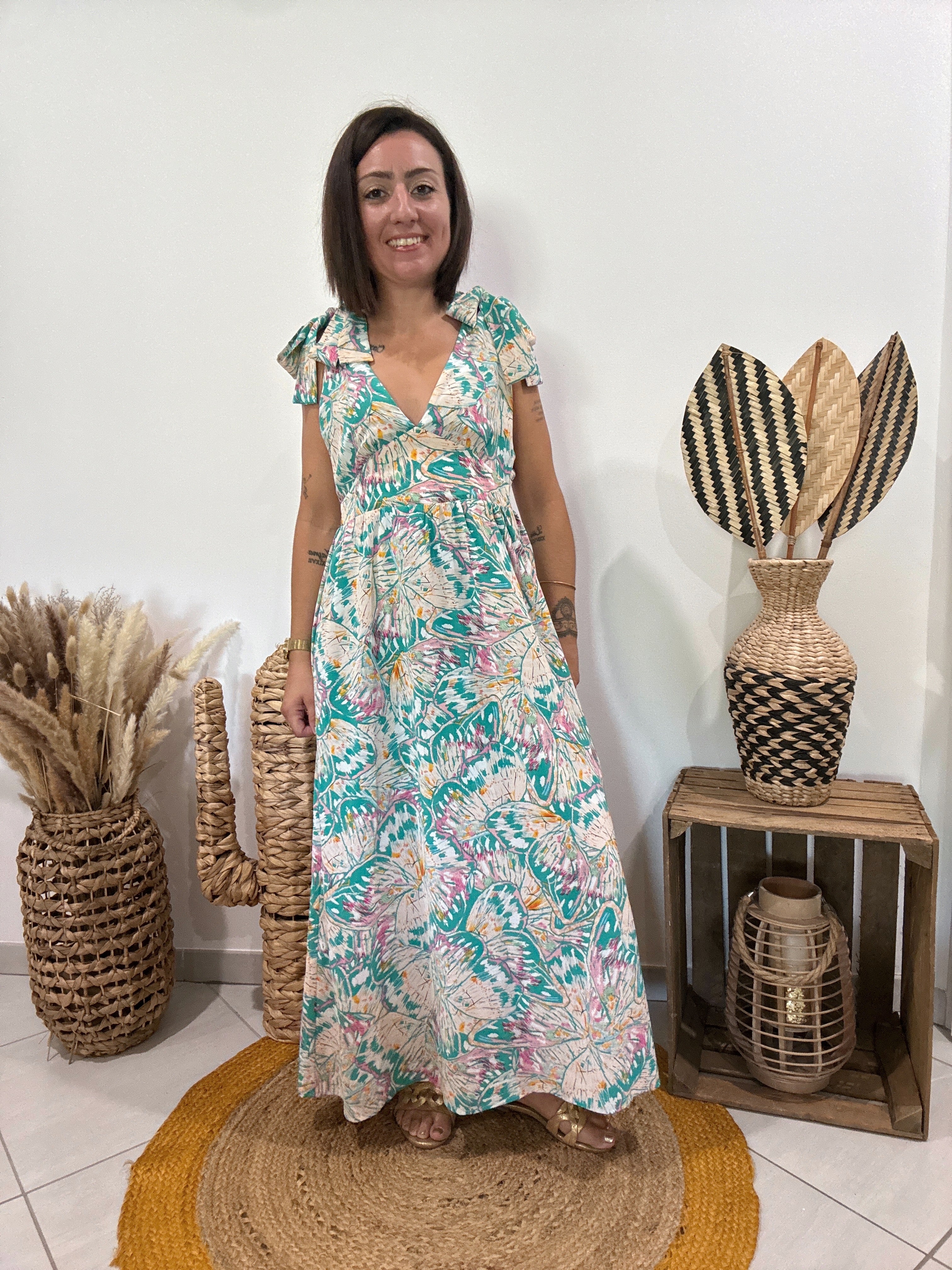 Robe longue noeuds épaules imprimé pastel - S ♻️