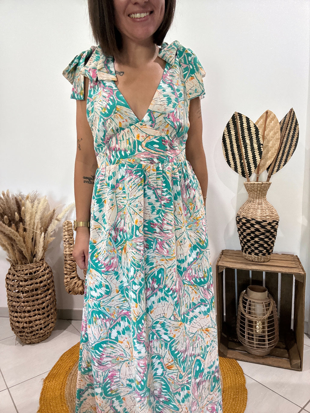 Robe longue noeuds épaules imprimé pastel - S ♻️