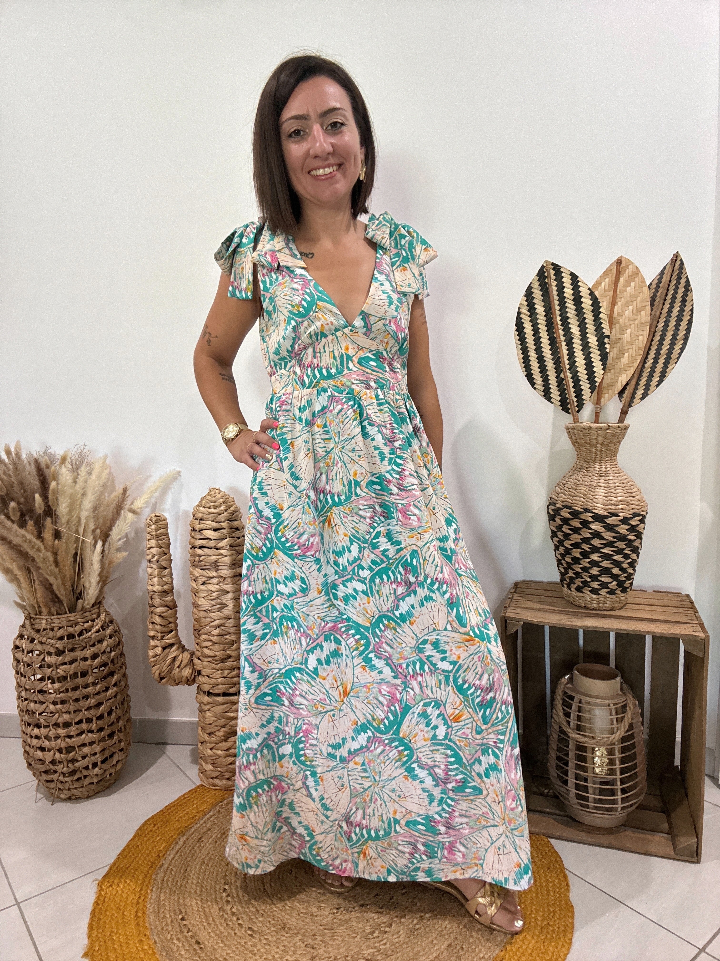 Robe longue noeuds épaules imprimé pastel - S ♻️