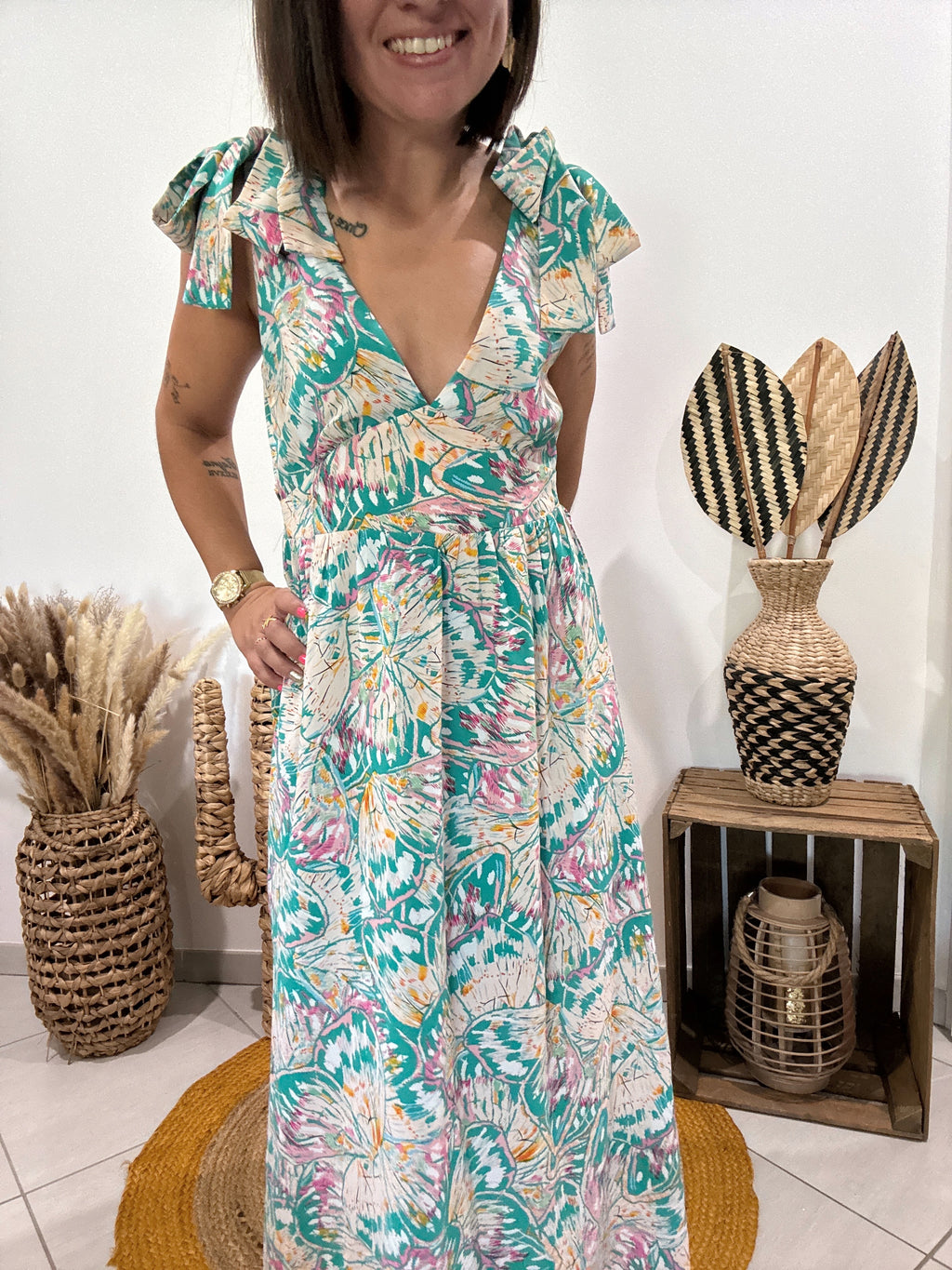 Robe longue noeuds épaules imprimé pastel - S ♻️