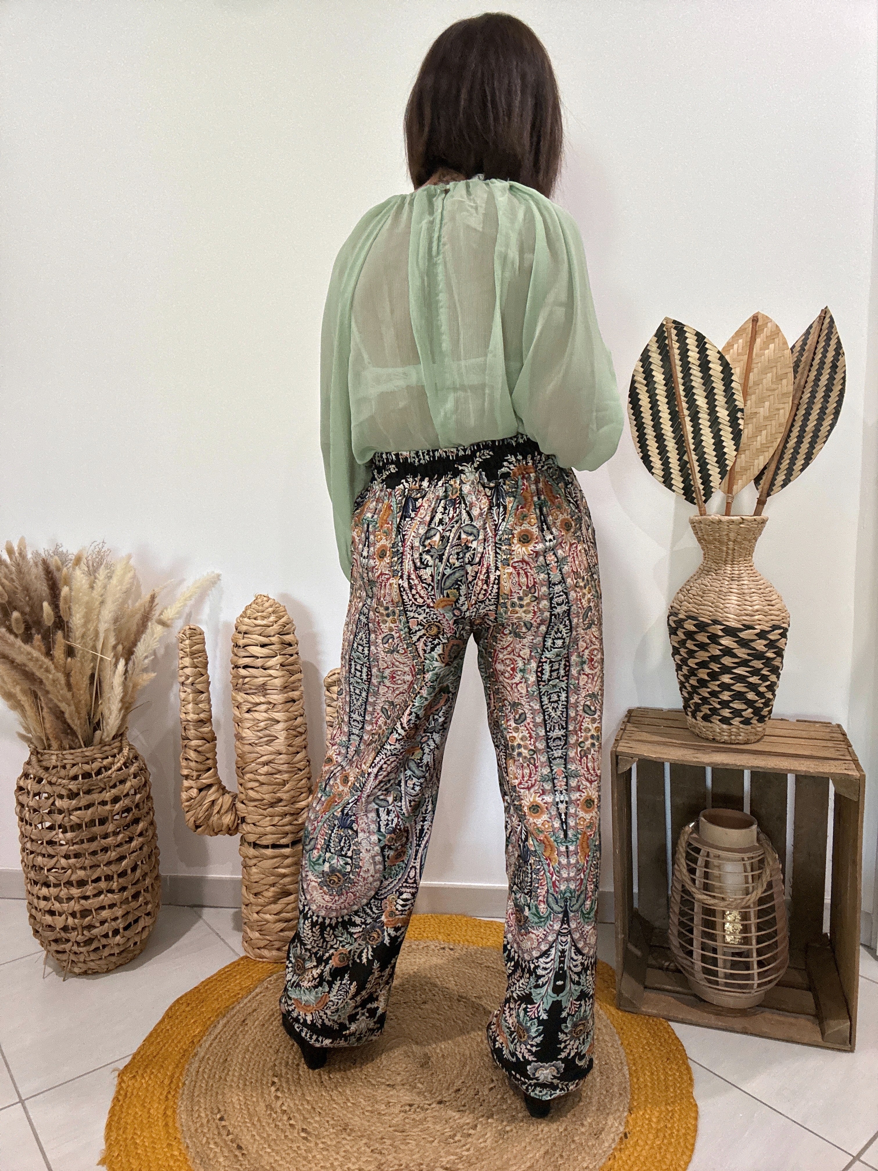 Pantalon noir fluide en soie imprimé oriental Molly Bracken - M ♻️