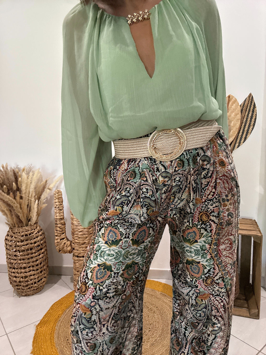 Pantalon noir fluide en soie imprimé oriental Molly Bracken - M ♻️