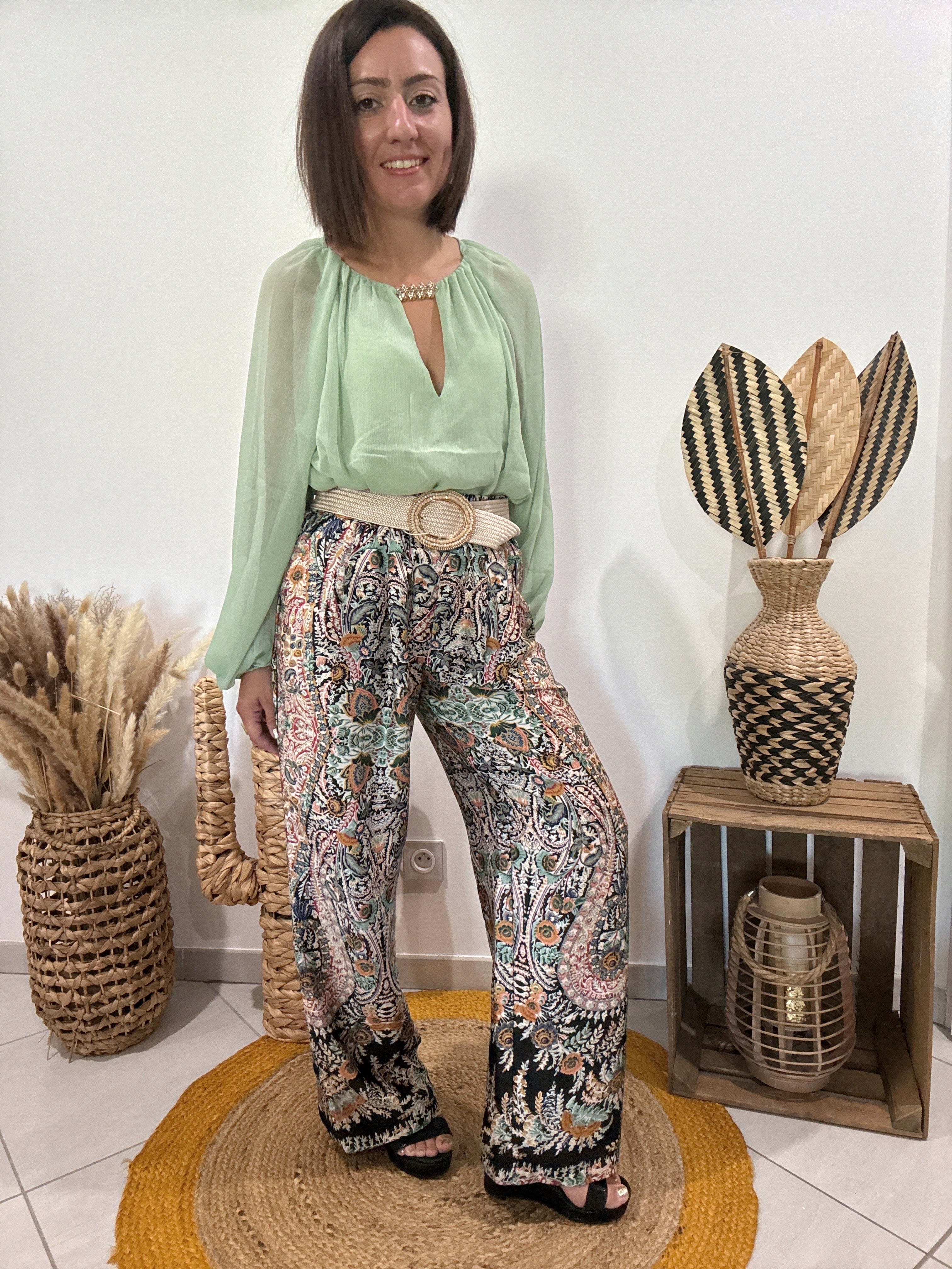 Pantalon noir fluide en soie imprimé oriental Molly Bracken - M ♻️