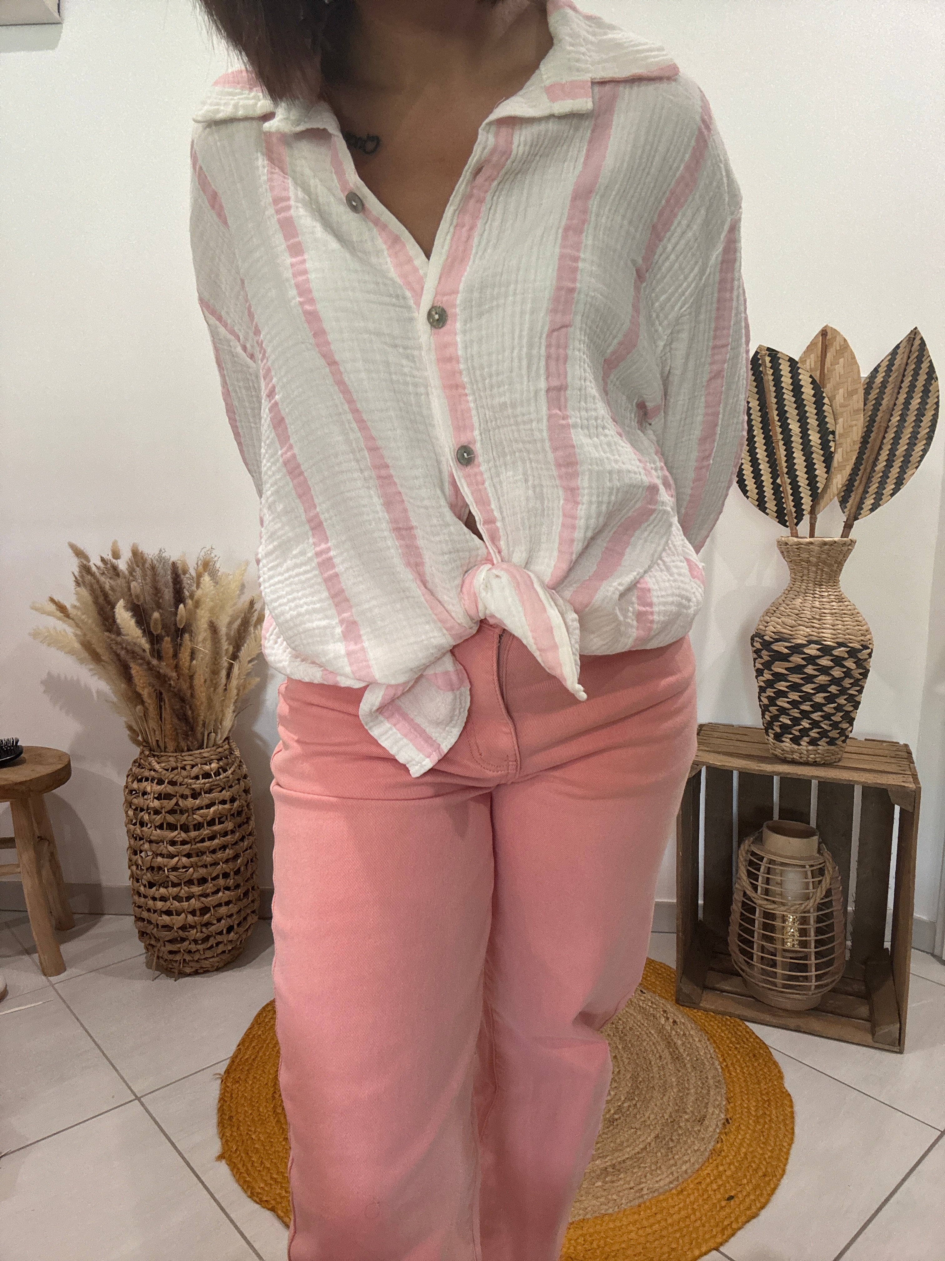 Chemise blanche en gaz de coton rayures roses