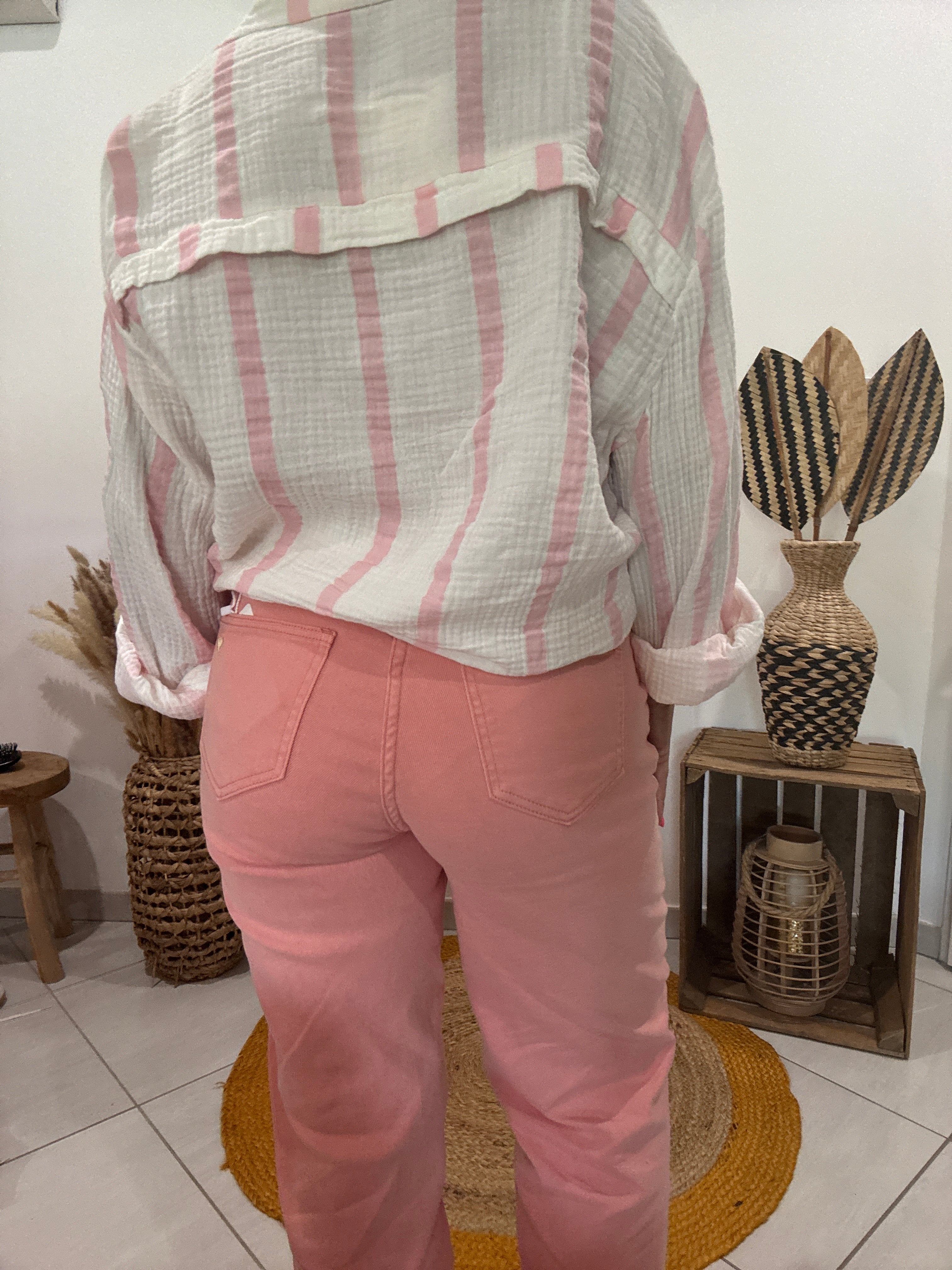 Chemise blanche en gaz de coton rayures roses