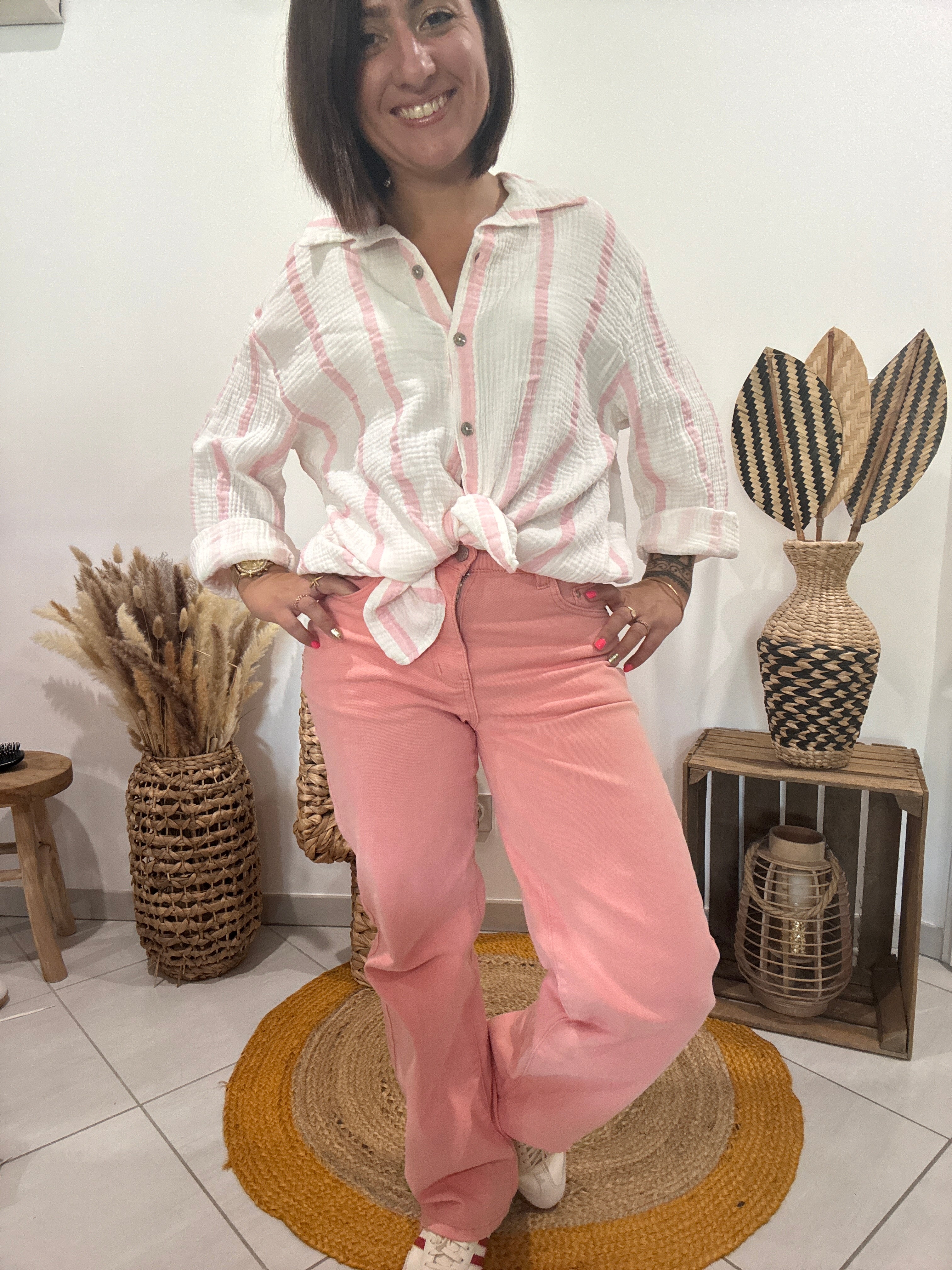Chemise blanche en gaz de coton rayures roses
