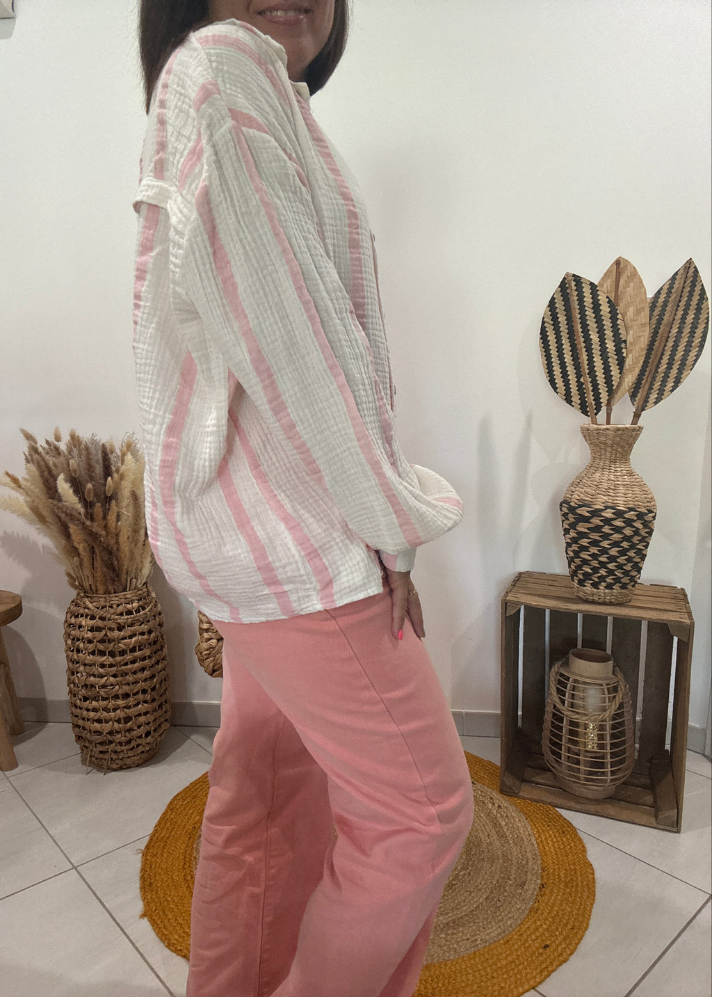 Chemise blanche en gaz de coton rayures roses