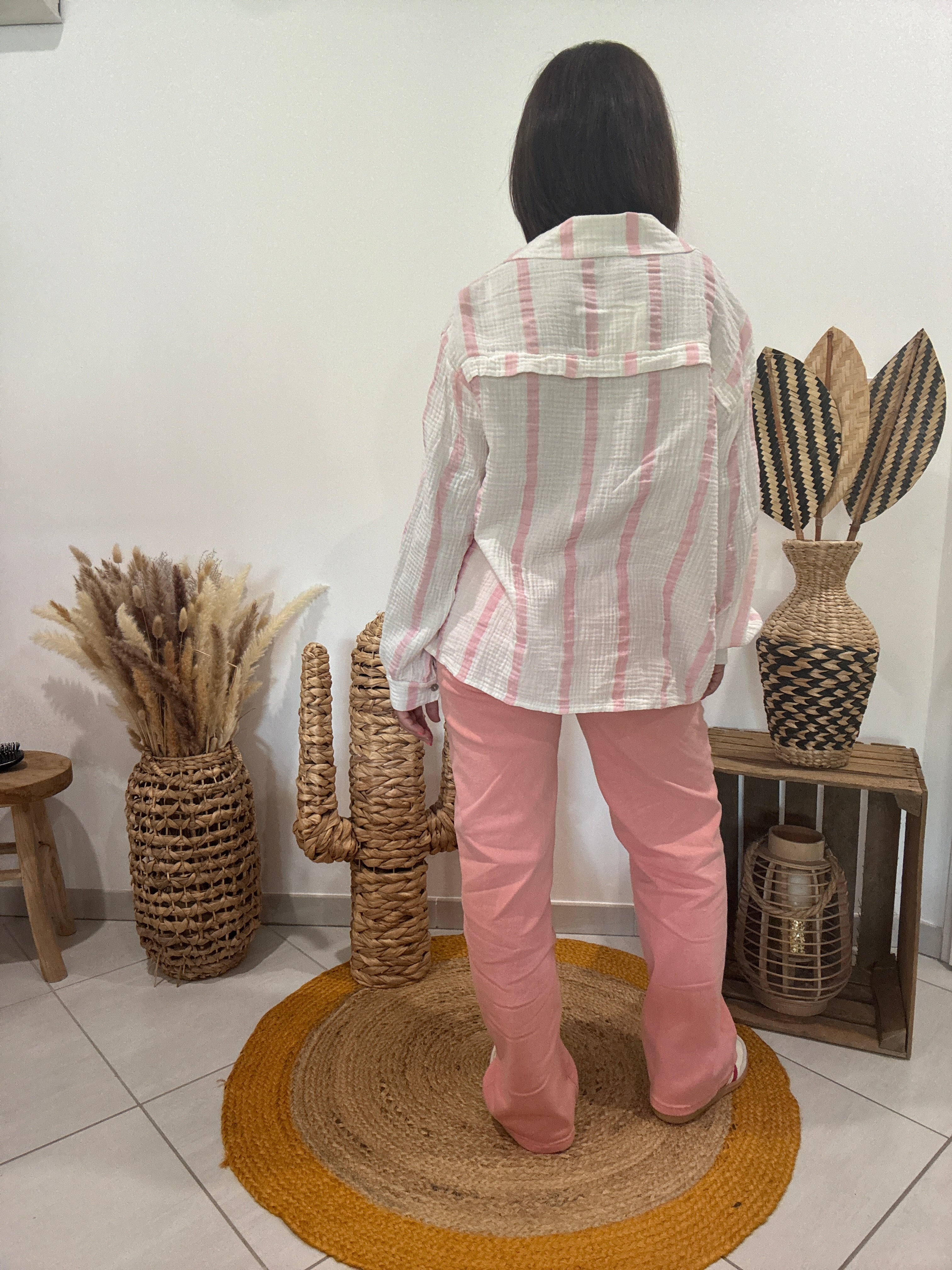 Chemise blanche en gaz de coton rayures roses