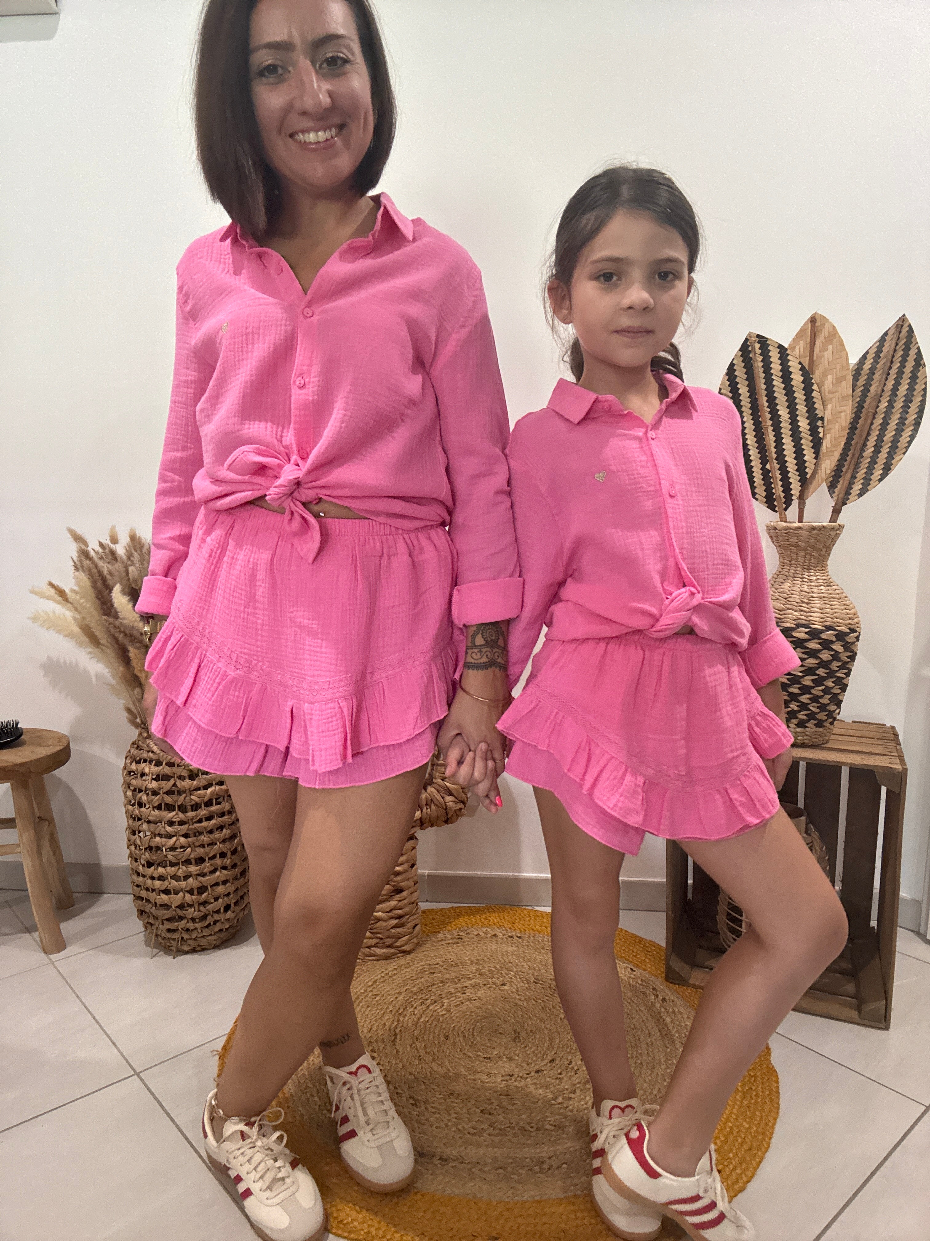 Jupe-short en gaz de coton fuchsia - femme