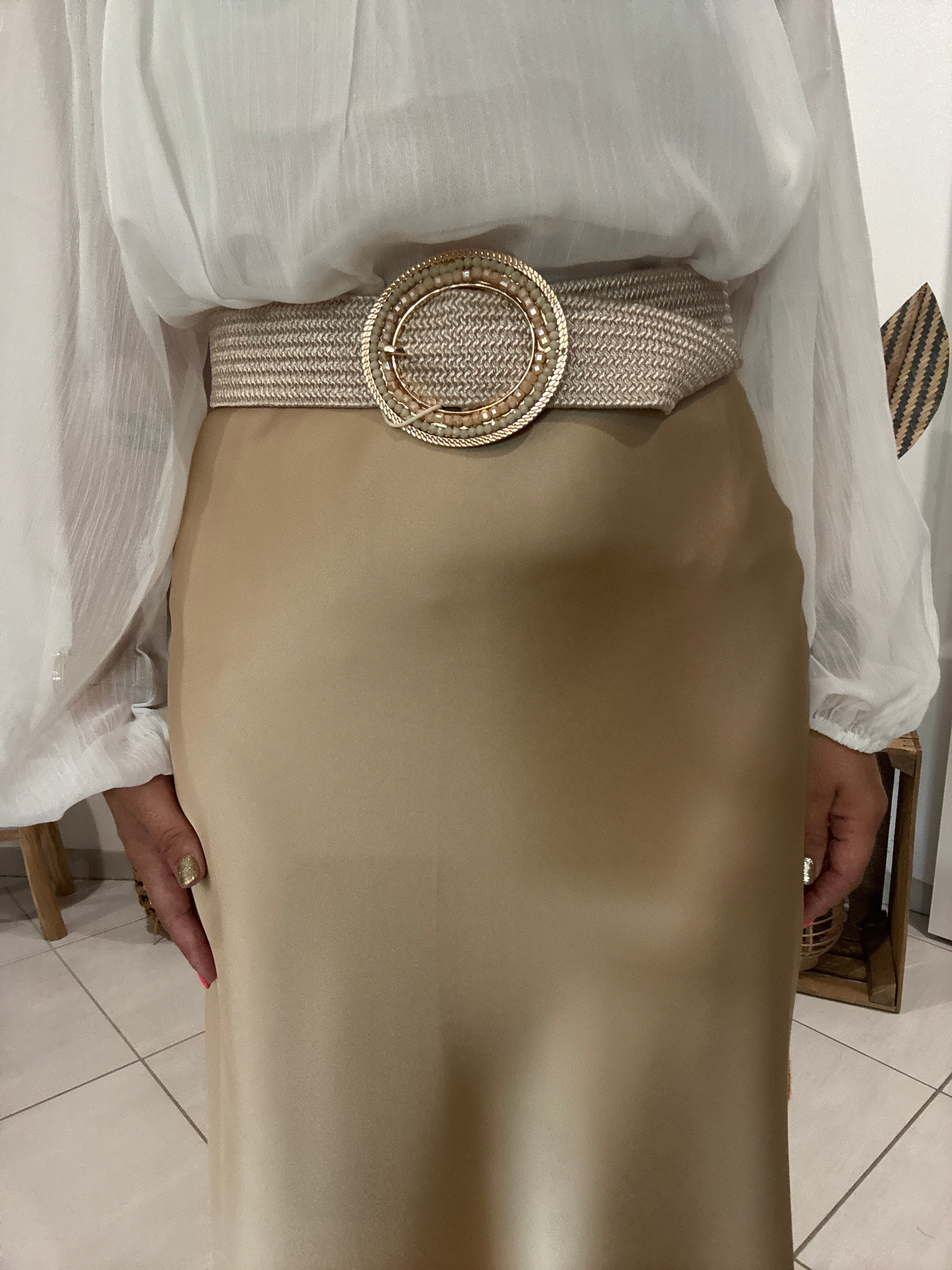 Ceinture élastique à grande boucle avec perles beige